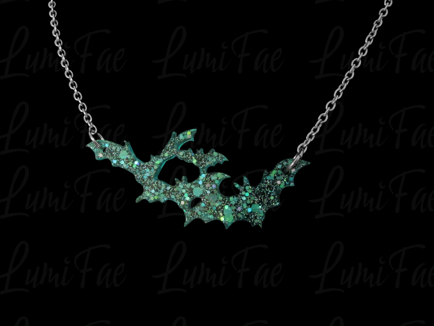 Sparkly Blue Bat Swarm Necklace - Glitter Aqua Turquoise Resin Pendant, Halloween Jewelry, Handmade - LumiFae