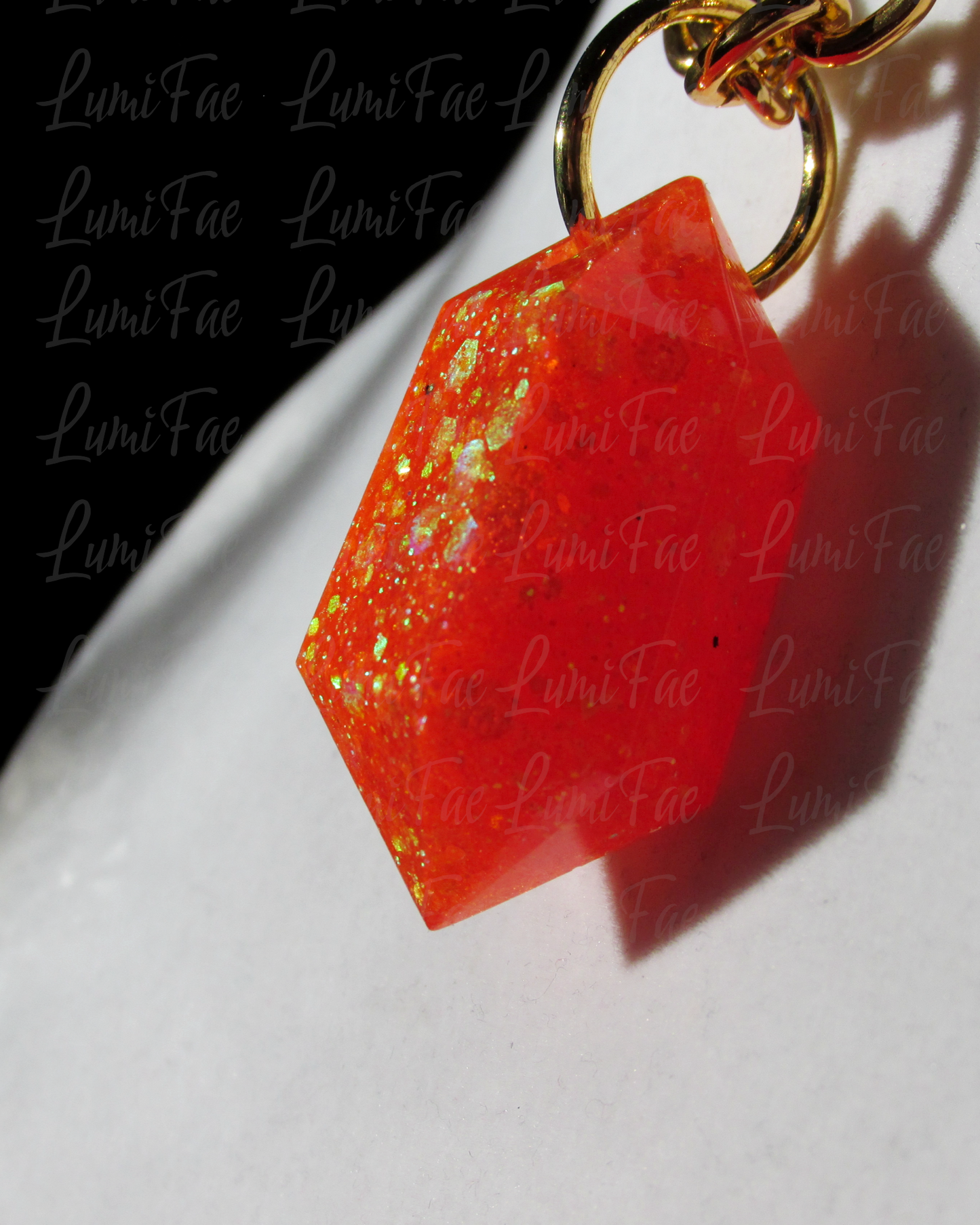 Sparkly Orange Gem Necklace - Bold Statement Jewelry, Gold Aluminum Chain, Resin Pendant, Handmade - LumiFae