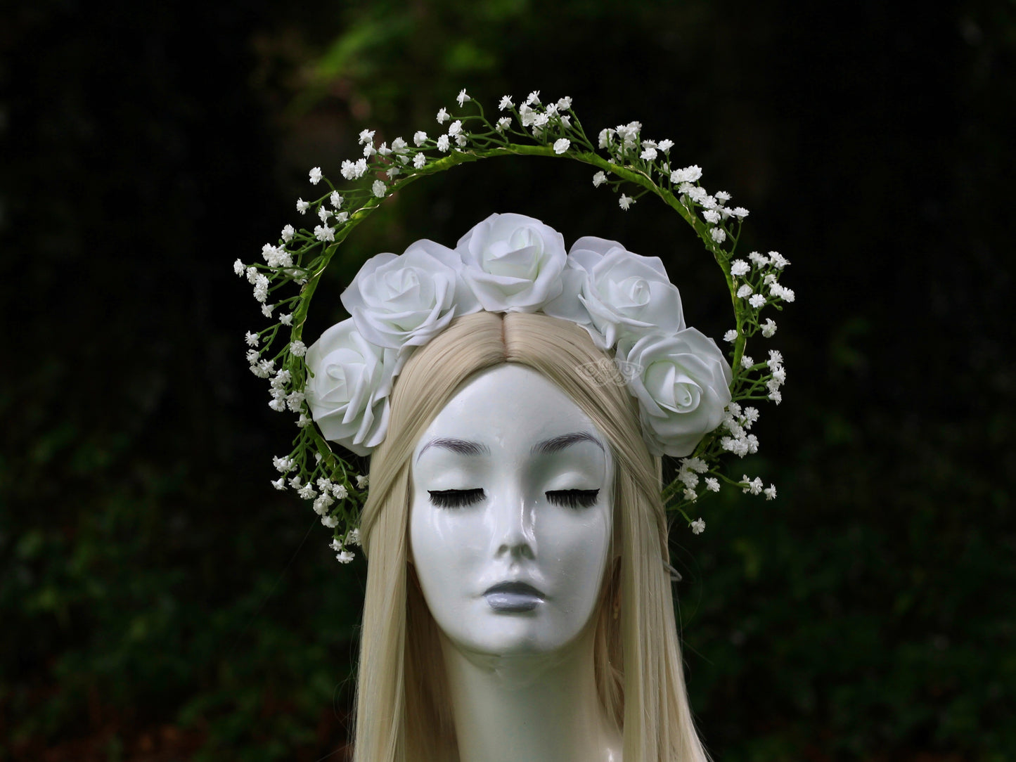Glowing White Roses and Baby’s Breath Halo, Fairytale Bridal Crown