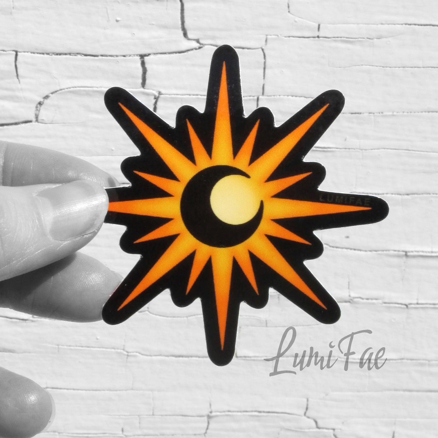 Moon in Sun Eclipse Sticker - Crescent Moon Sunburst Design, 2.5 inches, waterproof, glossy, celestial - LumiFae