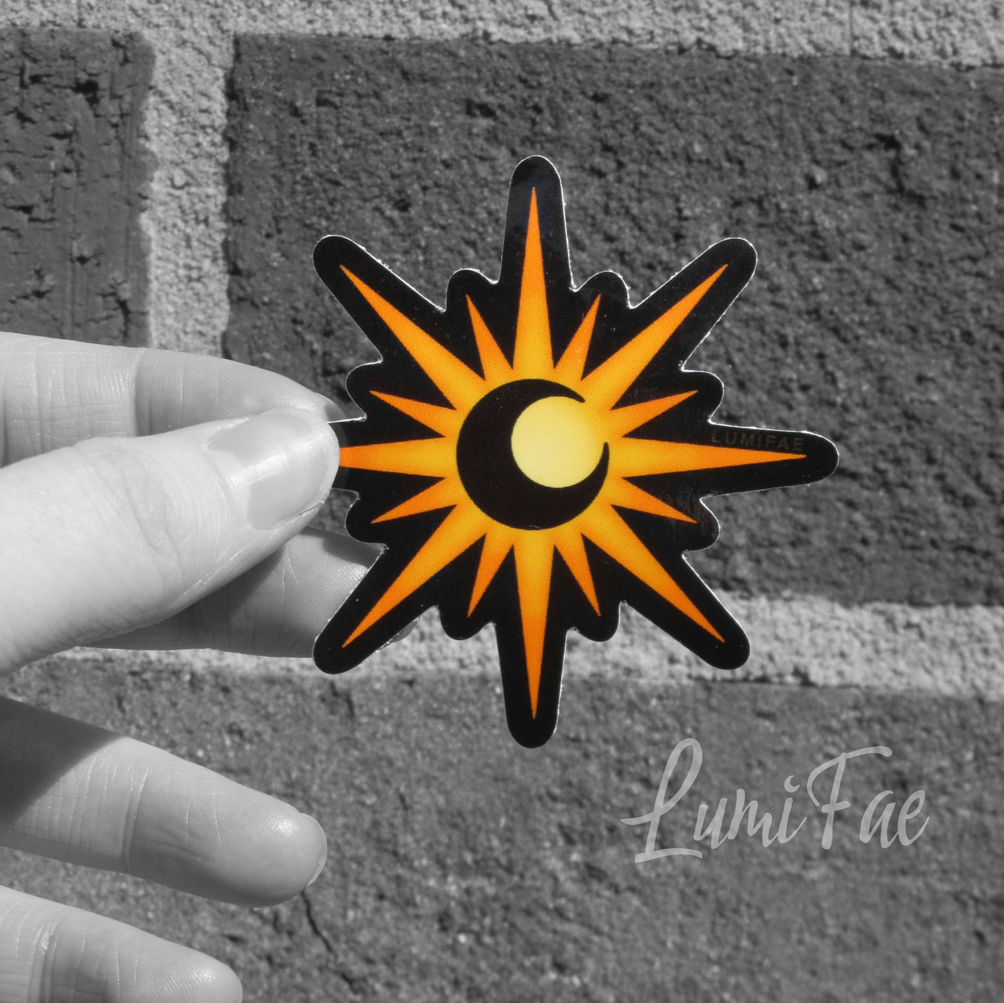 Moon in Sun Eclipse Sticker - Crescent Moon Sunburst Design, 2.5 inches, waterproof, glossy, celestial - LumiFae