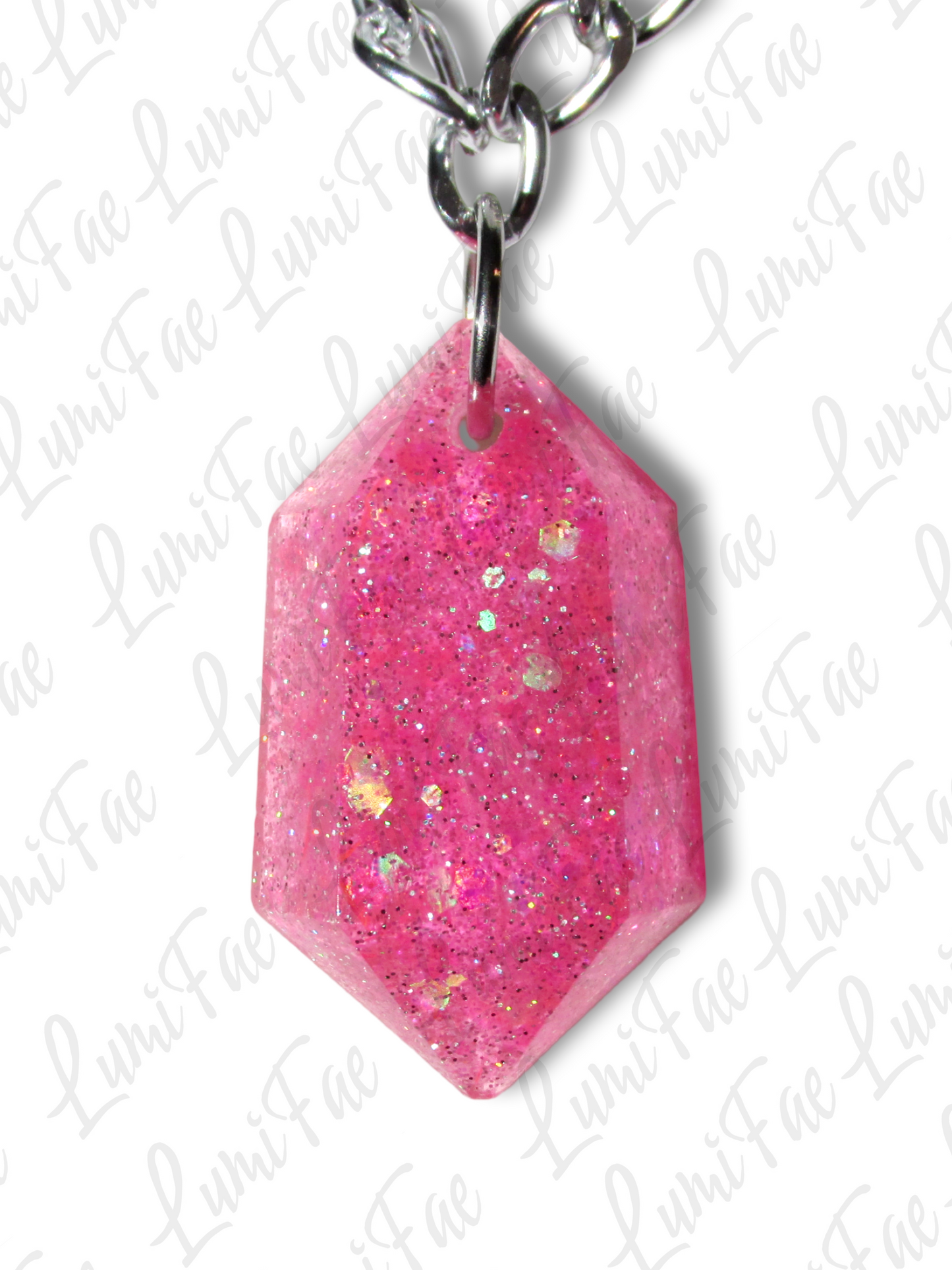 Sparkly Pink Gem Necklace - Bold Statement Jewelry, Lightweight Silver Aluminum, Resin Pendant, Handmade - LumiFae