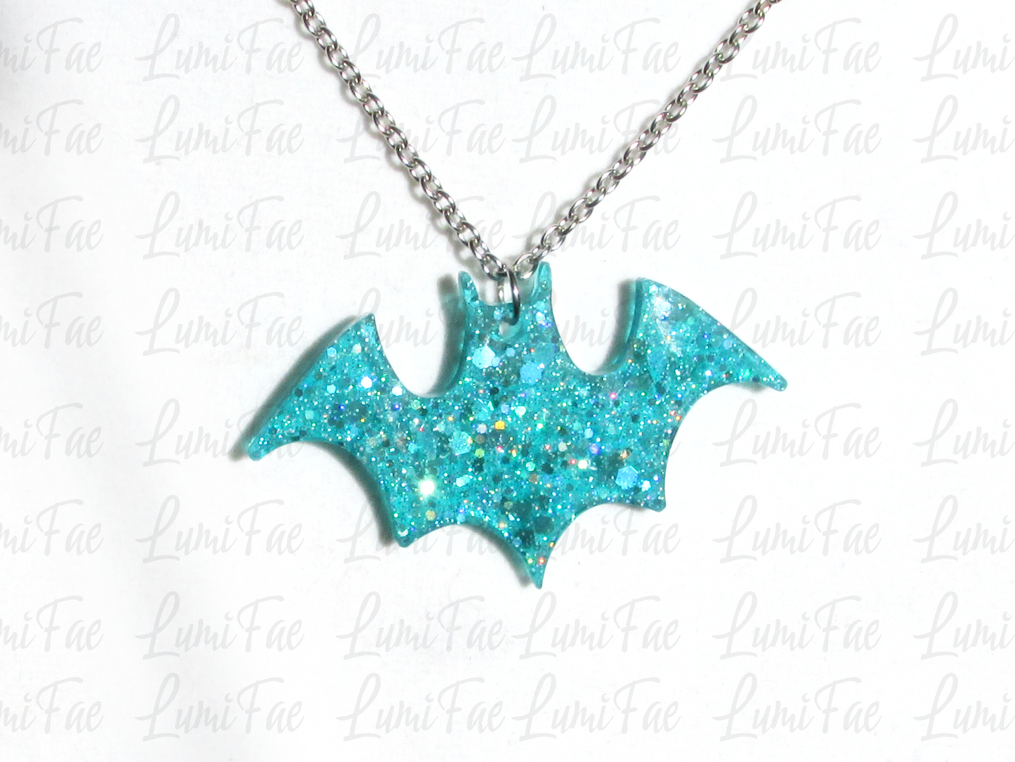 Sparkly Blue Bat Necklace - Glitter Aqua Turquoise Resin Pendant, Halloween Jewelry, Handmade - LumiFae