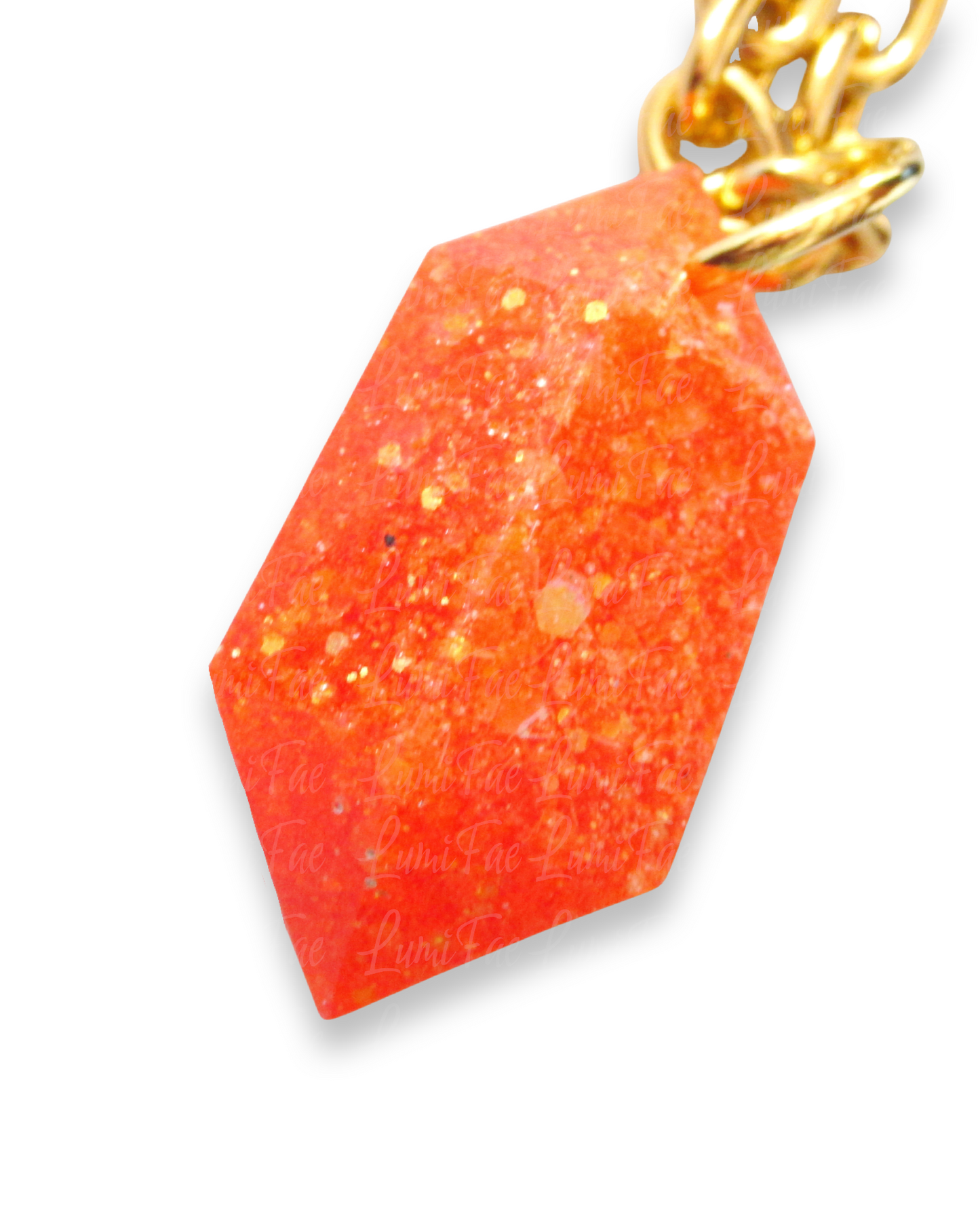 Sparkly Orange Gem Necklace - Bold Statement Jewelry, Gold Aluminum Chain, Resin Pendant, Handmade - LumiFae