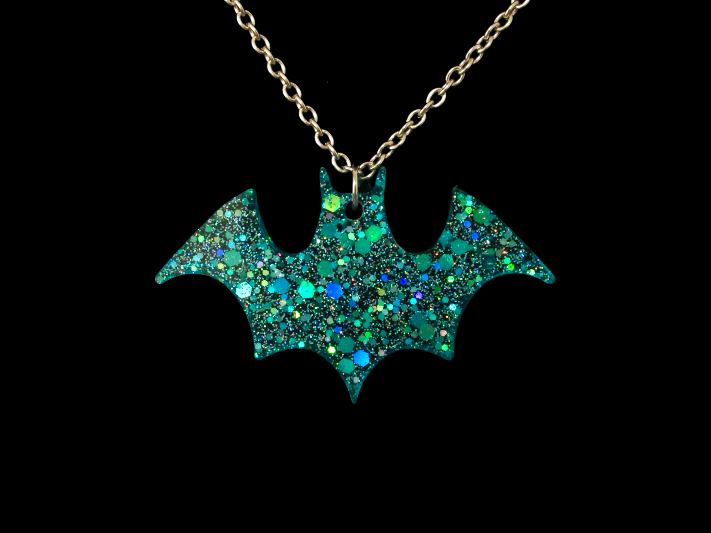 Sparkly Blue Bat Necklace - Glitter Aqua Turquoise Resin Pendant, Halloween Jewelry, Handmade - LumiFae