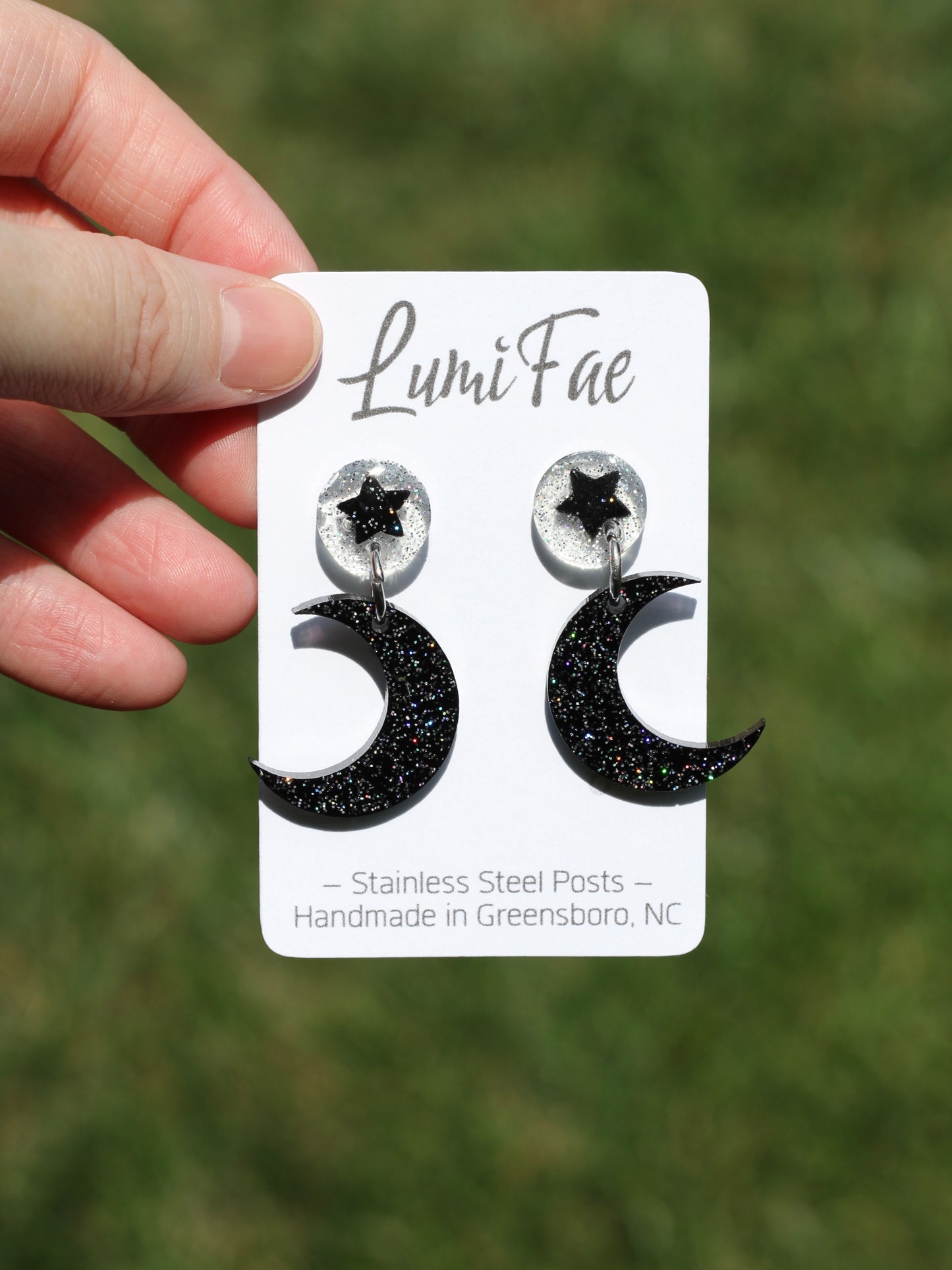 Black Moon Star Earrings - Holographic Glitter Dangle Resin, Handmade Jewelry - LumiFae