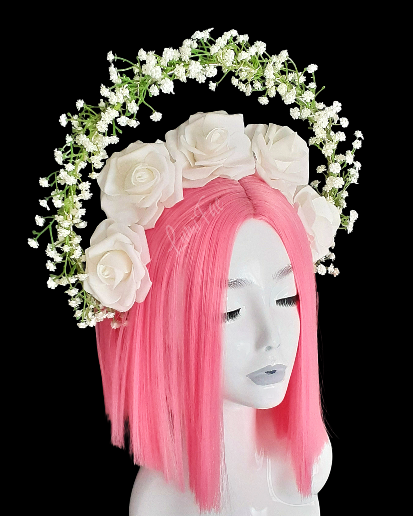 White Roses Bridal Crown with LED lights - Babysbreath Light up Headband, Fairytale Wedding Halo, Handmade - LumiFae