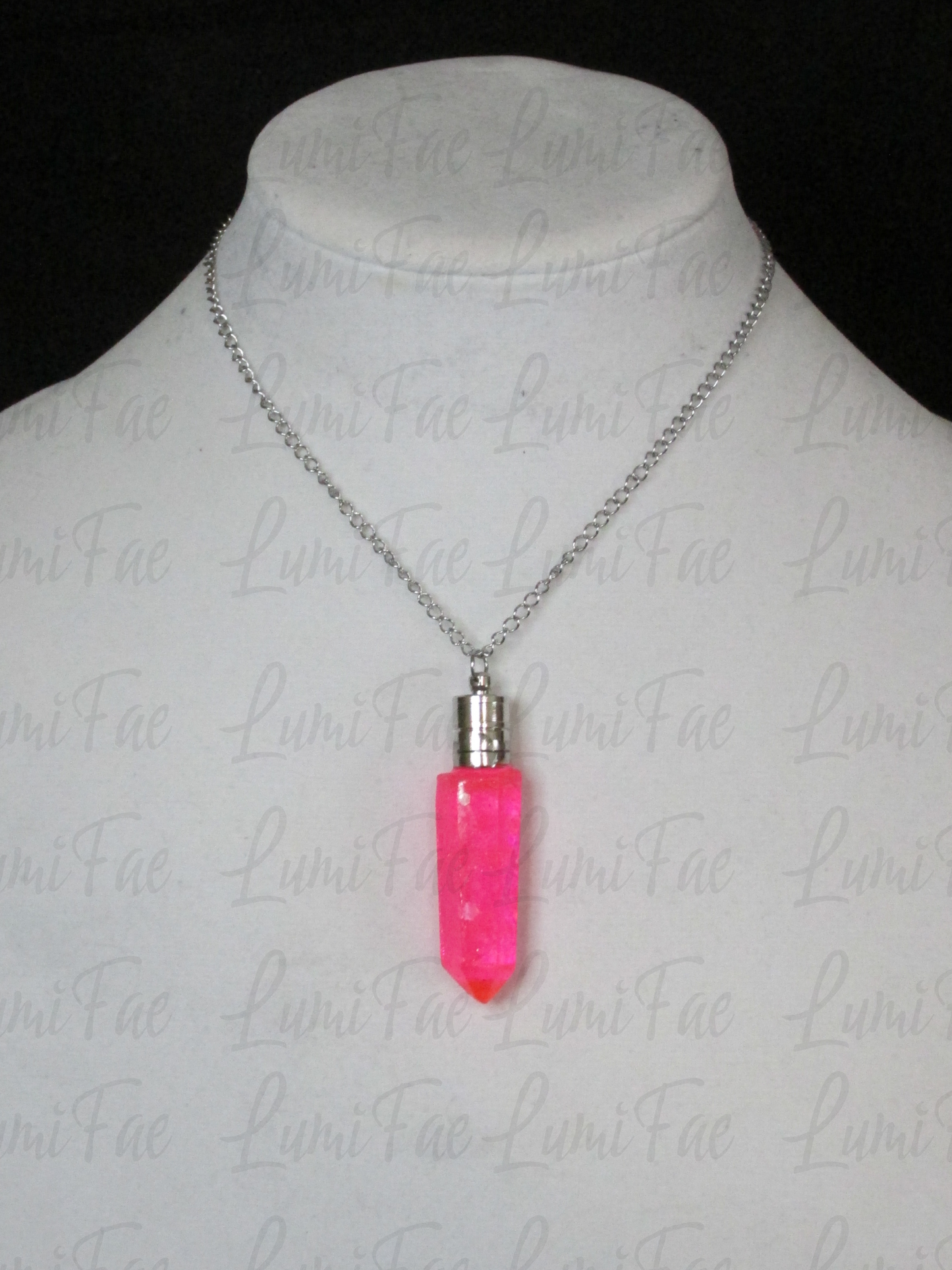 LED pink Glitter Crystal Necklace - adjustable chain, stainless steel, resin pendant, Handmade - LumiFae