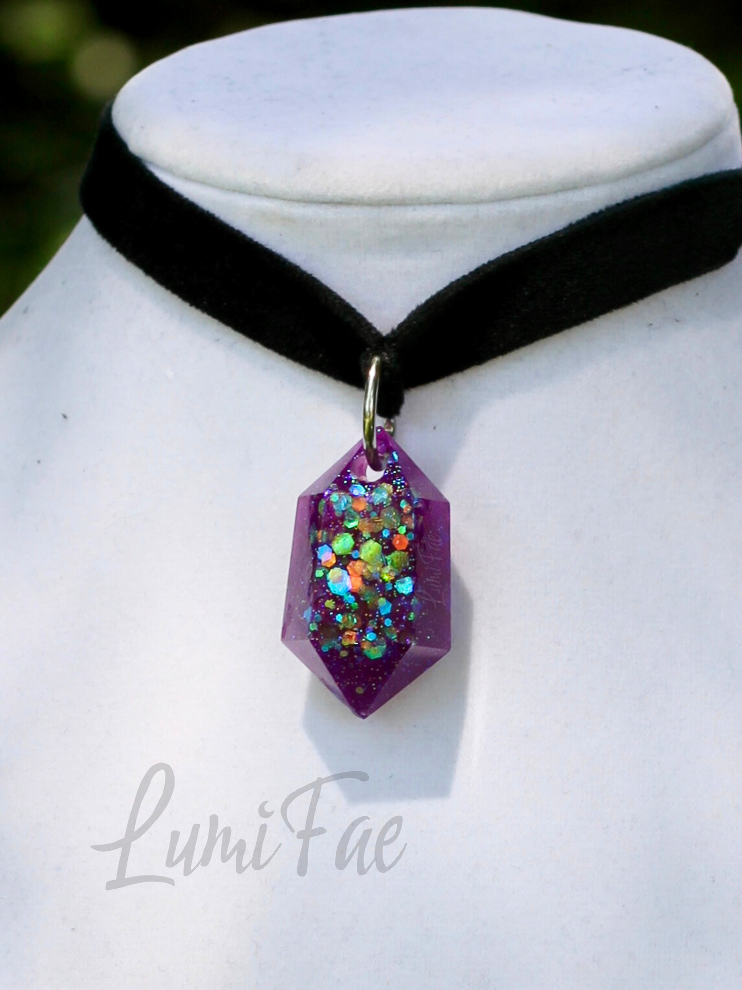 Purple Glitter Gem Choker - Black Velvet, Adjustable Necklace, Resin Pendant, Handmade- LumiFae