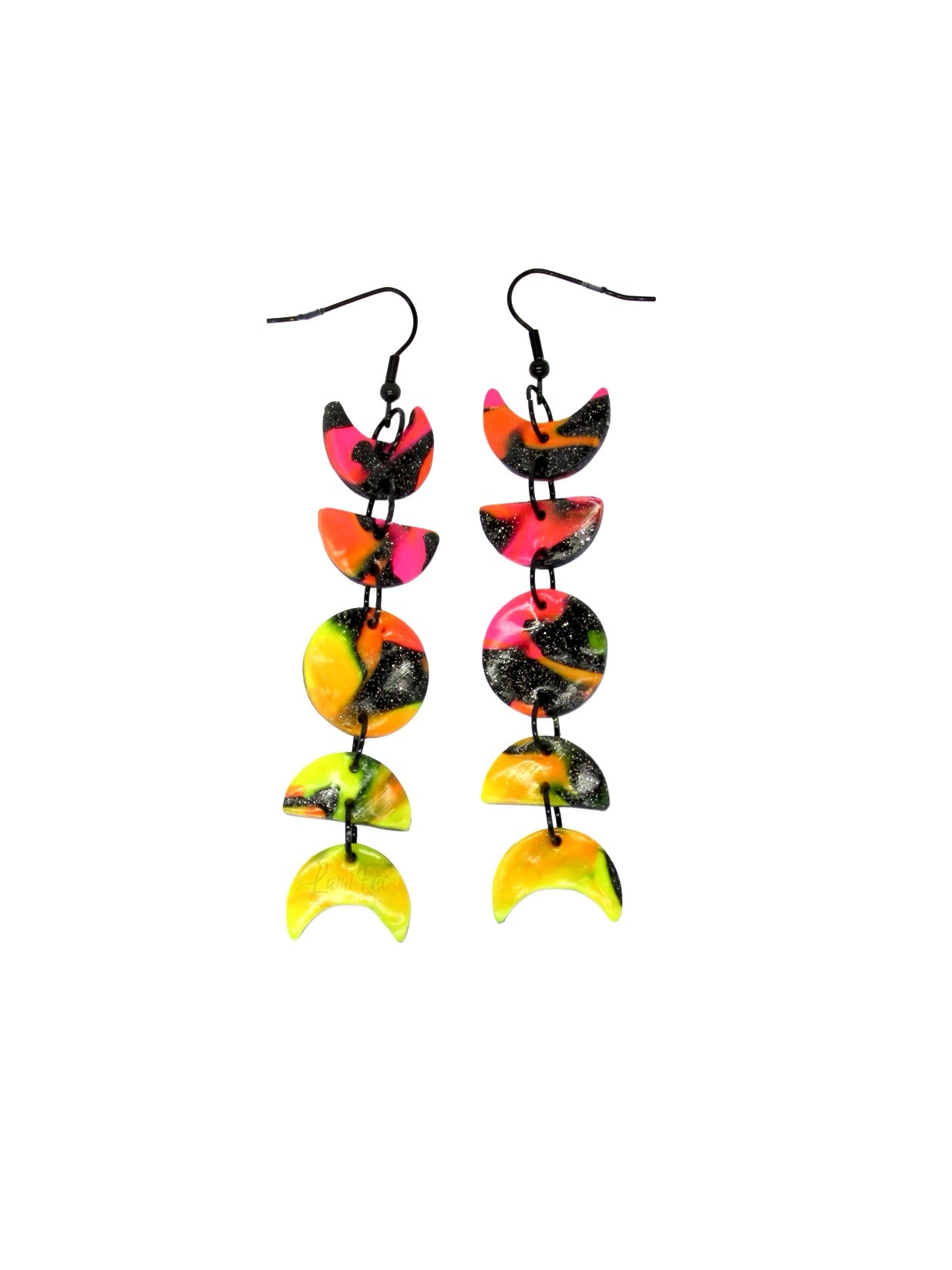 Moon Phase Earrings, Pink Orange Yellow and Sparkly Black, Lightweight, Handmade