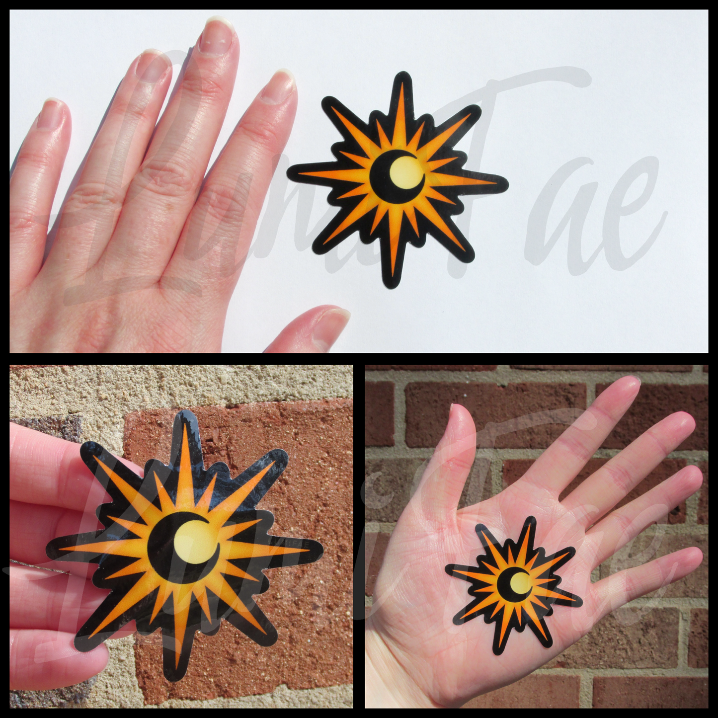 Moon in Sun Eclipse Sticker - Crescent Moon Sunburst Design, 2.5 inches, waterproof, glossy, celestial - LumiFae