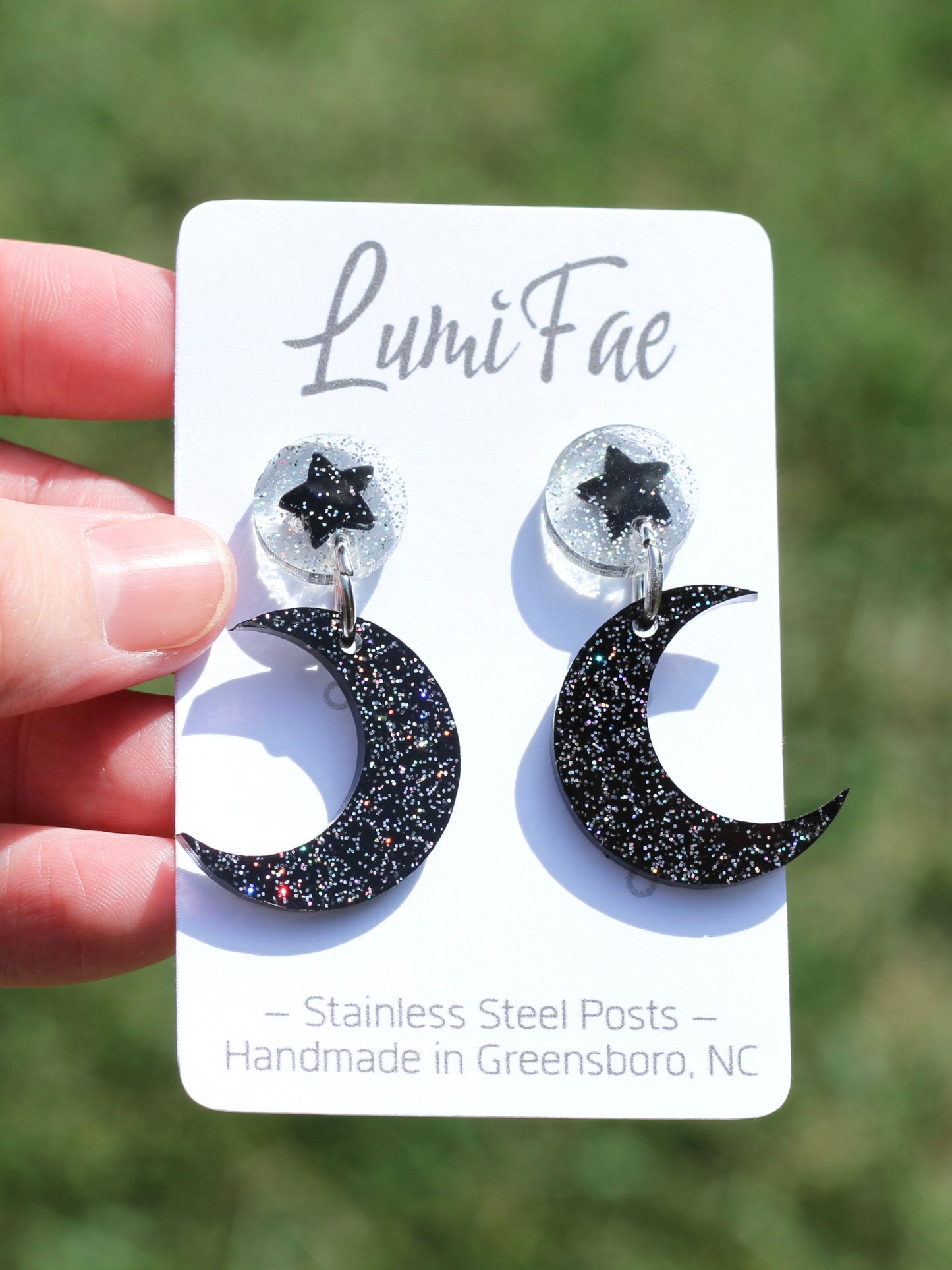 Black Moon Star Earrings - Holographic Glitter Dangle Resin, Handmade Jewelry - LumiFae