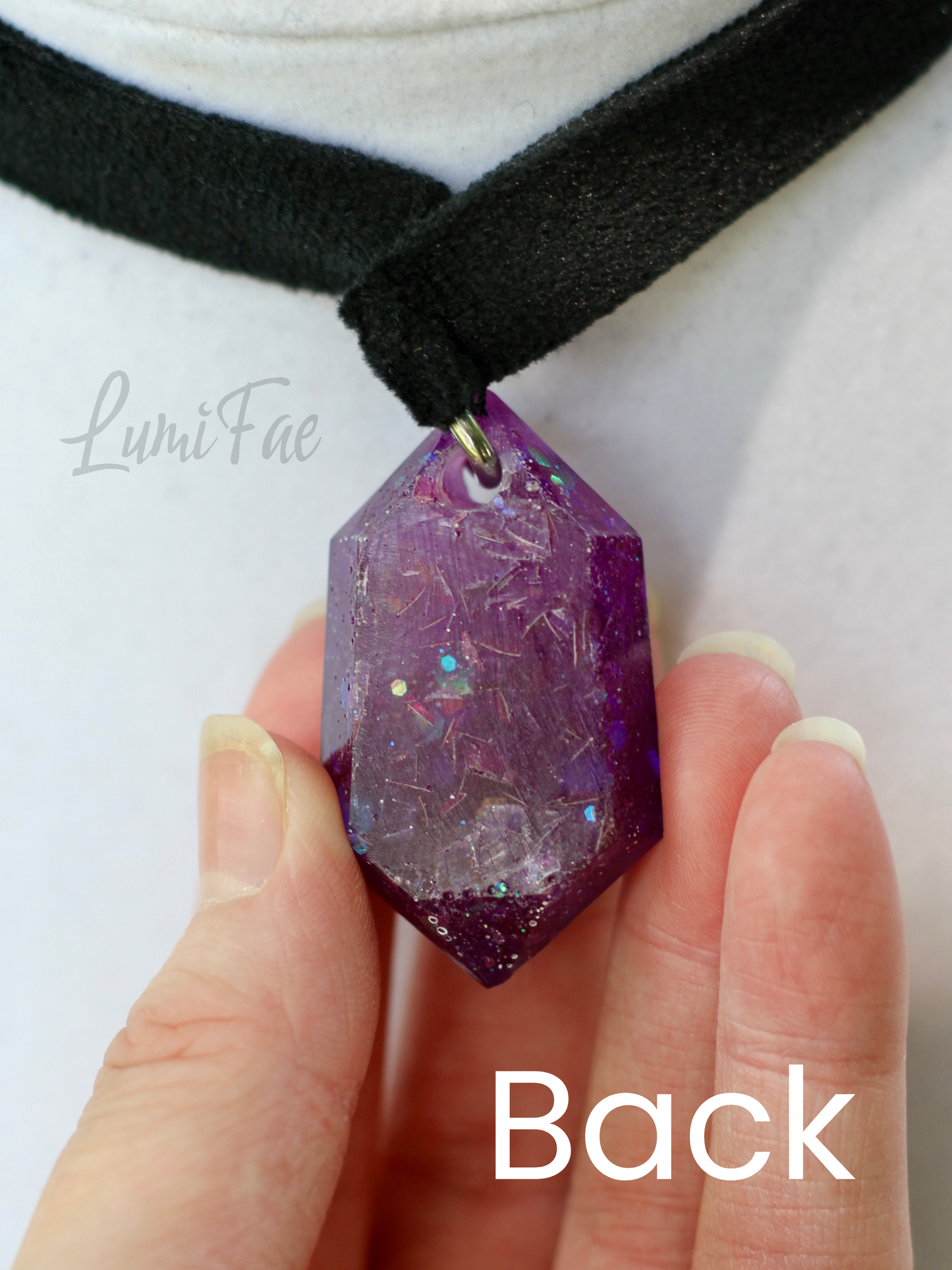 Purple Glitter Gem Choker - Black Velvet, Adjustable Necklace, Resin Pendant, Handmade- LumiFae