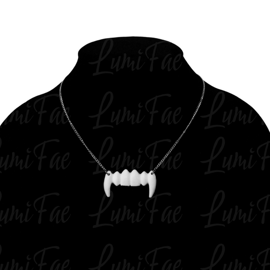 Vampire Fangs Necklace - Sterling Silver Chain, White Resin Pendant, Halloween Jewelry, Handmade - LumiFae