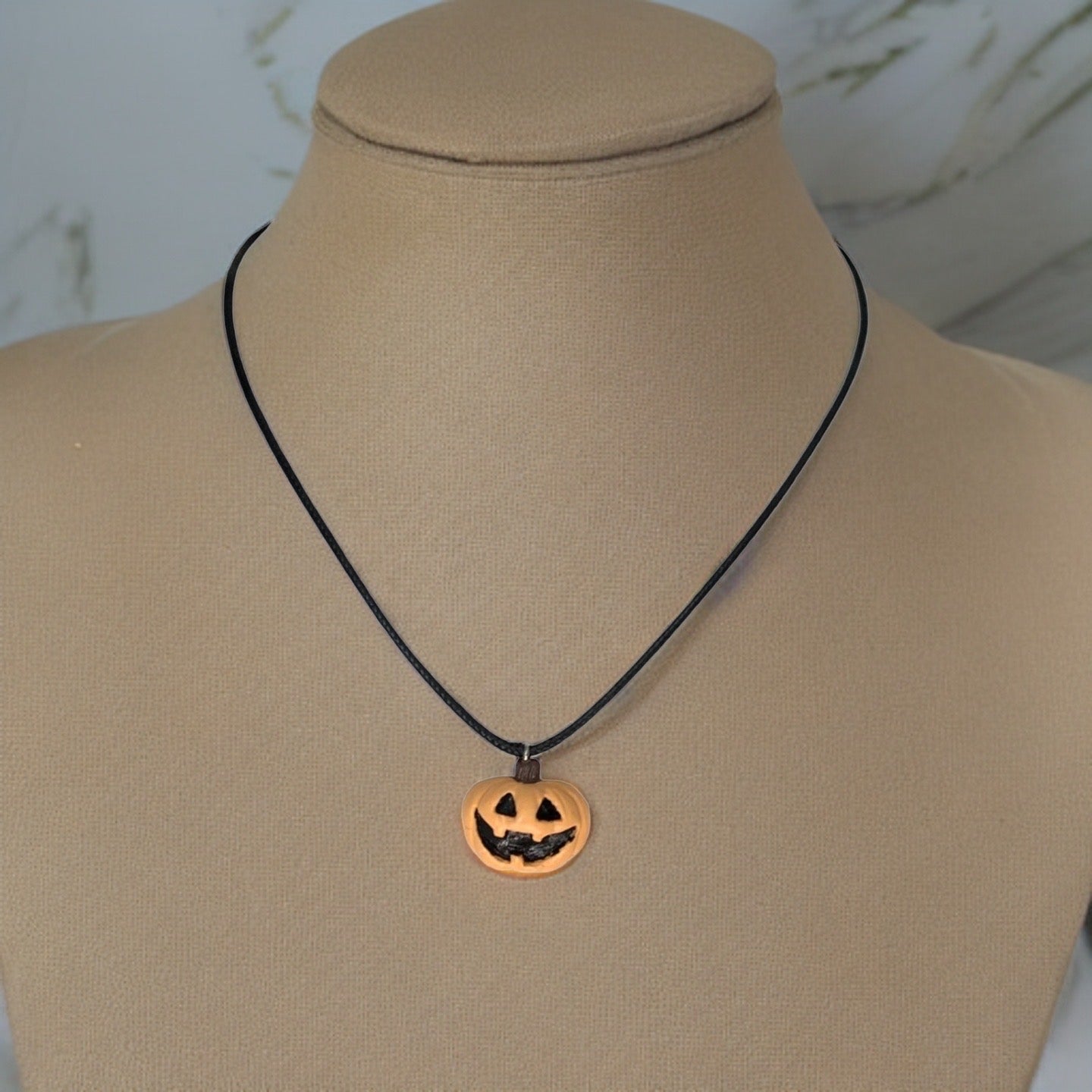 Pale Jack-O-Lantern Necklace, Light Orange Pumpkin, Black Faux Leather, Vegan