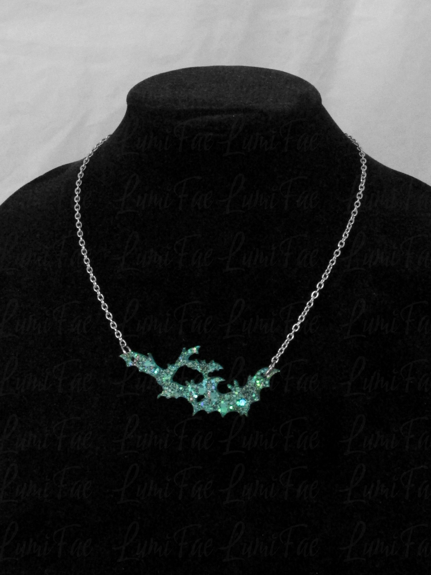 Sparkly Blue Bat Swarm Necklace - Glitter Aqua Turquoise Resin Pendant, Halloween Jewelry, Handmade - LumiFae