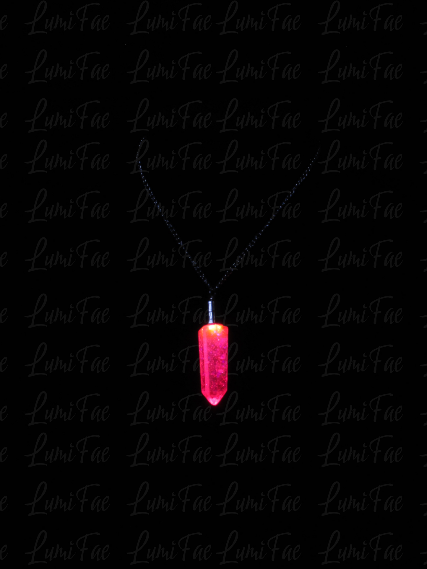 LED pink Glitter Crystal Necklace - adjustable chain, stainless steel, resin pendant, Handmade - LumiFae