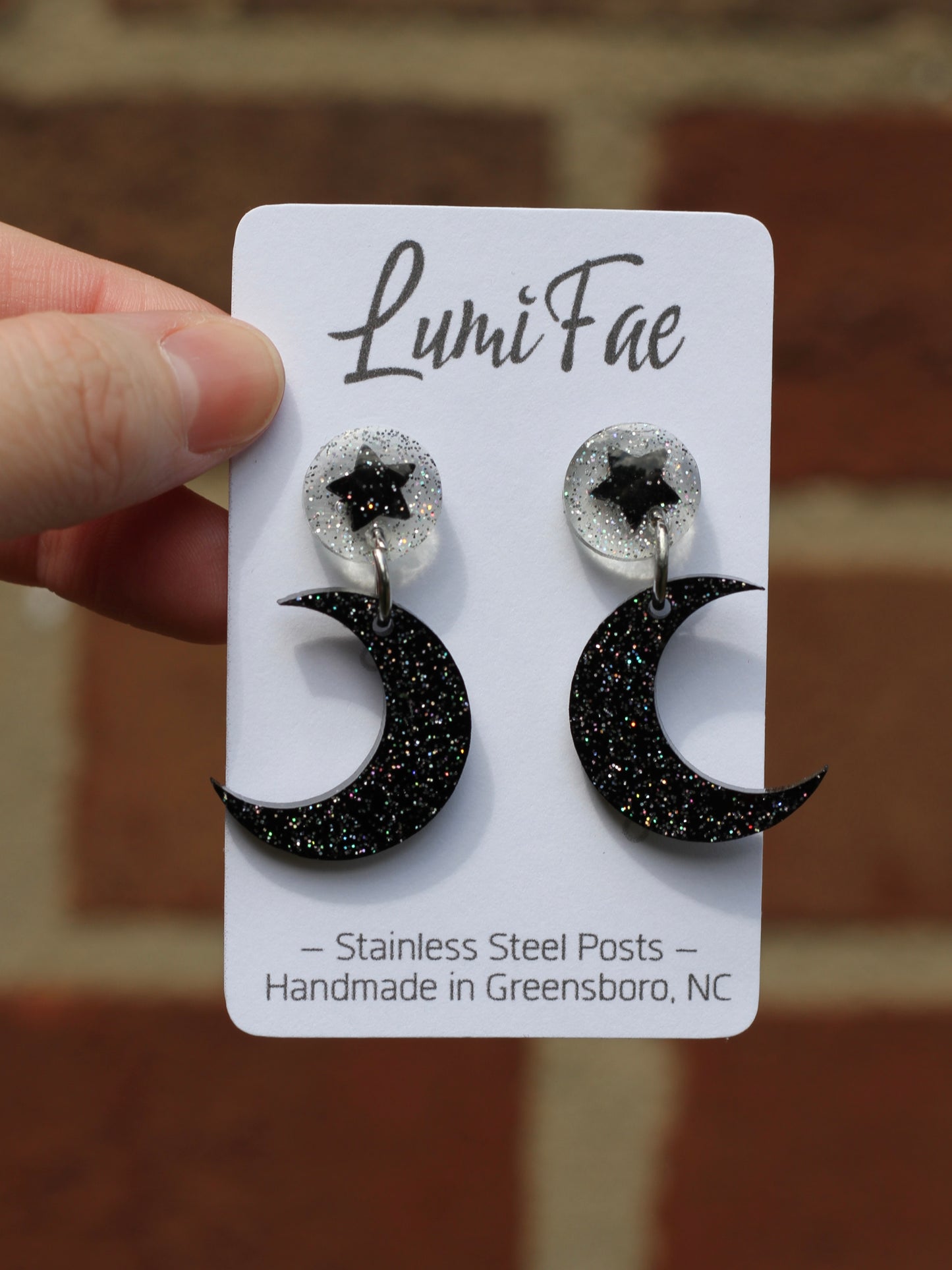 Black Moon Star Earrings - Holographic Glitter Dangle Resin, Handmade Jewelry - LumiFae