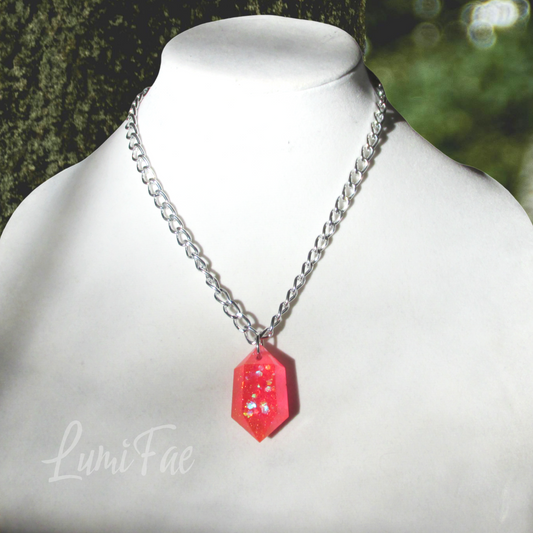 Sparkly Hot Pink Gem Necklace - Bold Statement Jewelry, Lightweight Silver Aluminum Chain, Resin Pendant, Handmade - LumiFae