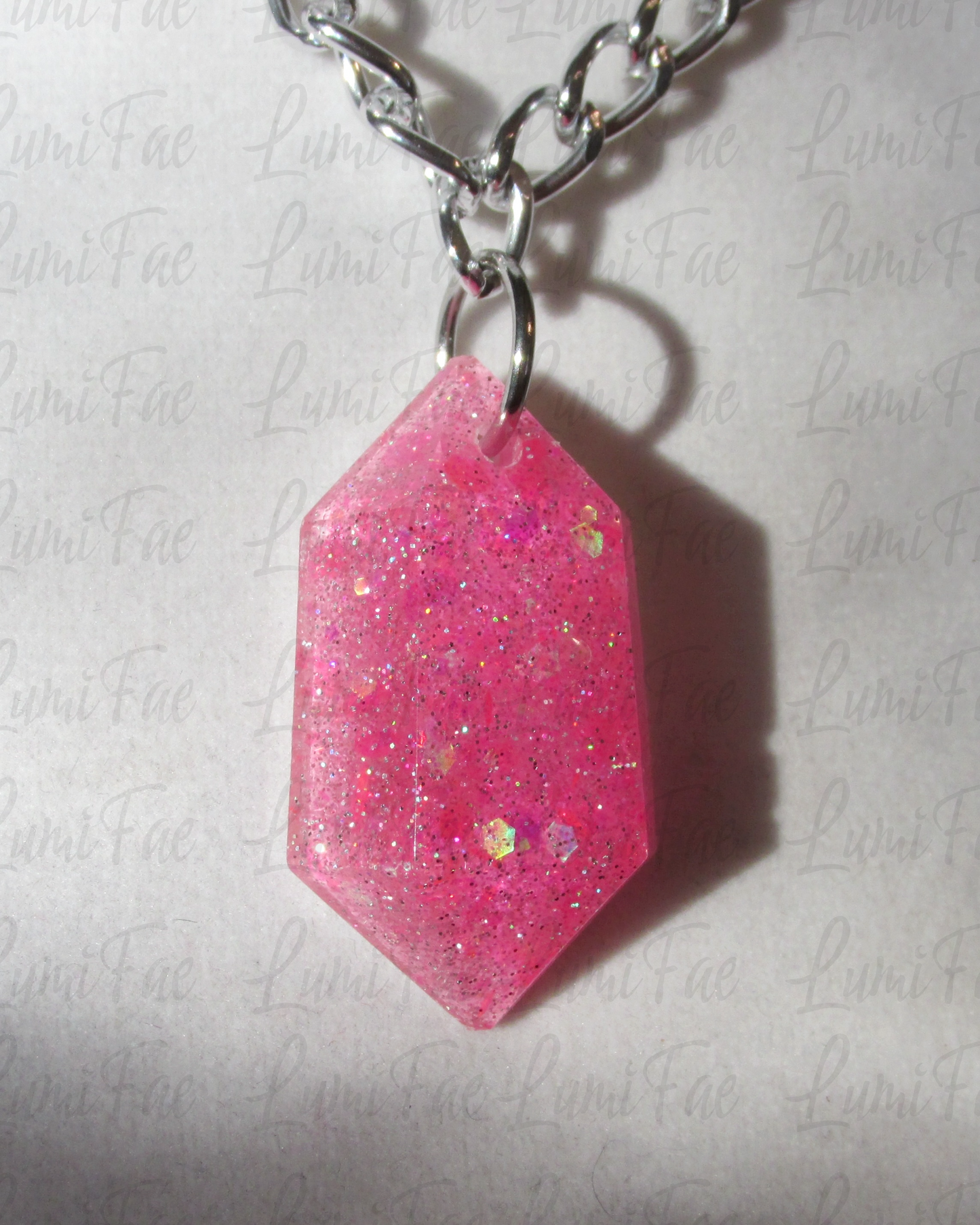 Sparkly Pink Gem Necklace - Bold Statement Jewelry, Lightweight Silver Aluminum, Resin Pendant, Handmade - LumiFae
