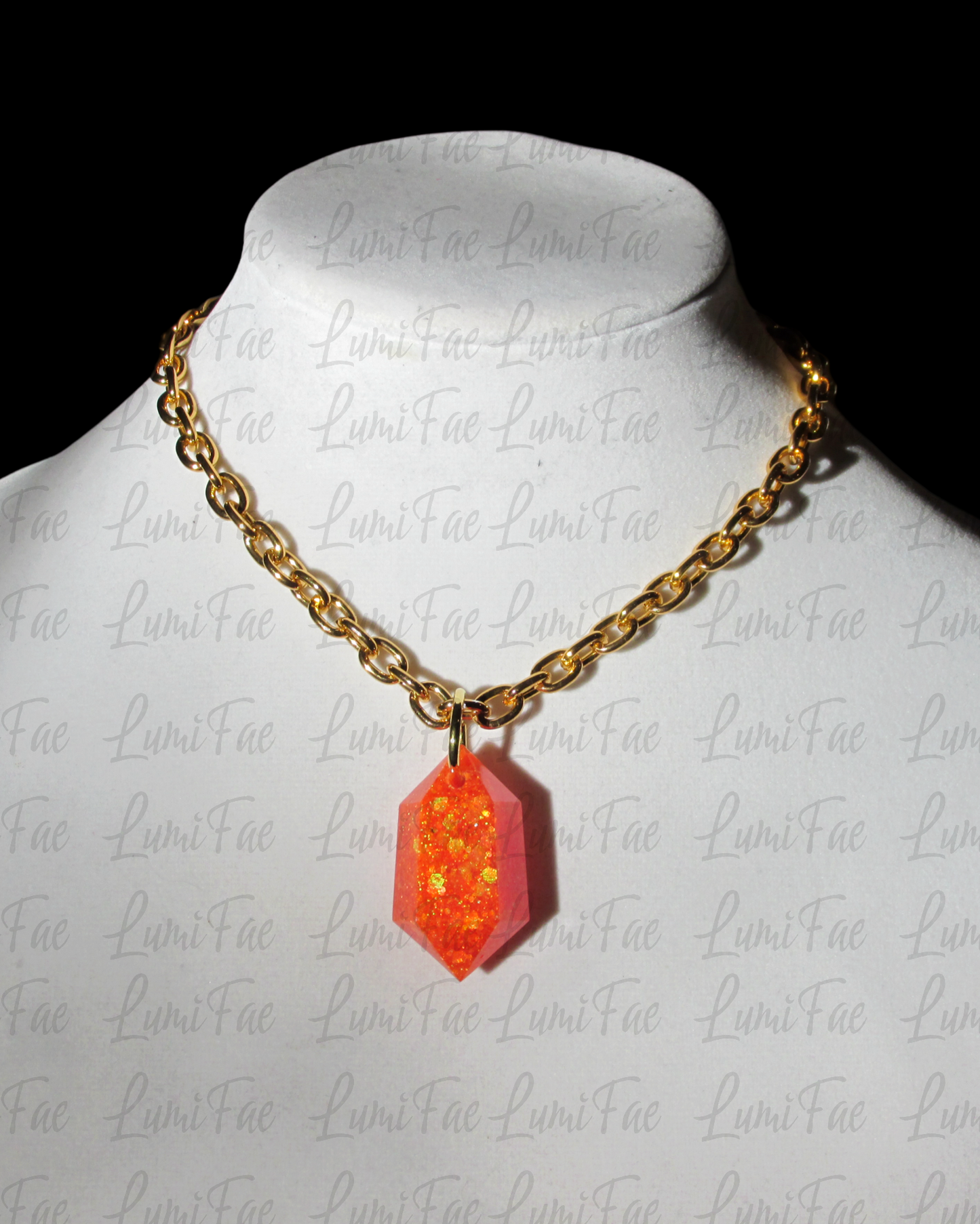 Sparkly Orange Gem Necklace - Bold Statement Jewelry, Gold Aluminum Chain, Resin Pendant, Handmade - LumiFae