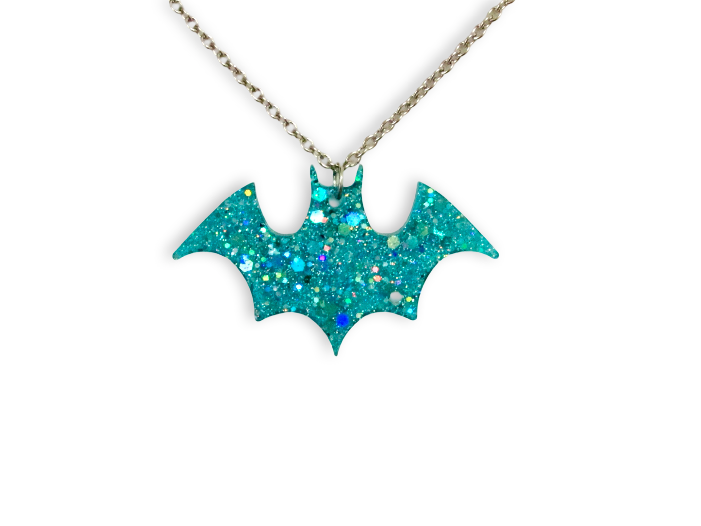 Sparkly Blue Bat Necklace - Glitter Aqua Turquoise Resin Pendant, Halloween Jewelry, Handmade - LumiFae