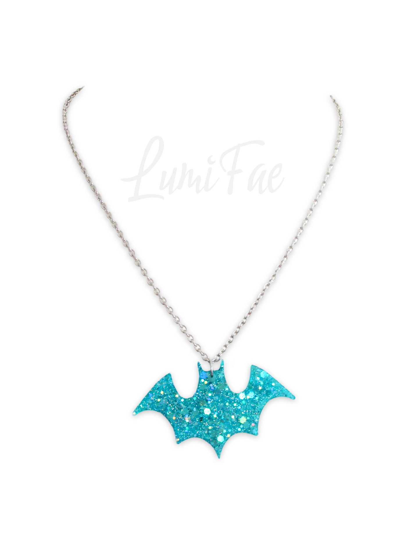Sparkly Blue Bat Necklace - Glitter Aqua Turquoise Resin Pendant, Halloween Jewelry, Handmade - LumiFae