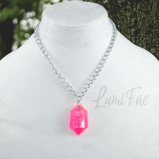 Sparkly Bright Pink Gem Necklace - Bold Statement Jewelry, Lightweight Silver Aluminum Chain, Resin Pendant, Handmade - LumiFae