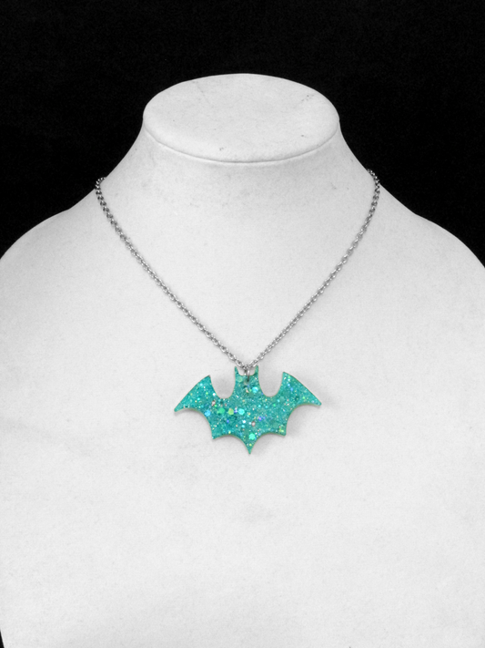 Sparkly Blue Bat Necklace - Glitter Aqua Turquoise Resin Pendant, Halloween Jewelry, Handmade - LumiFae
