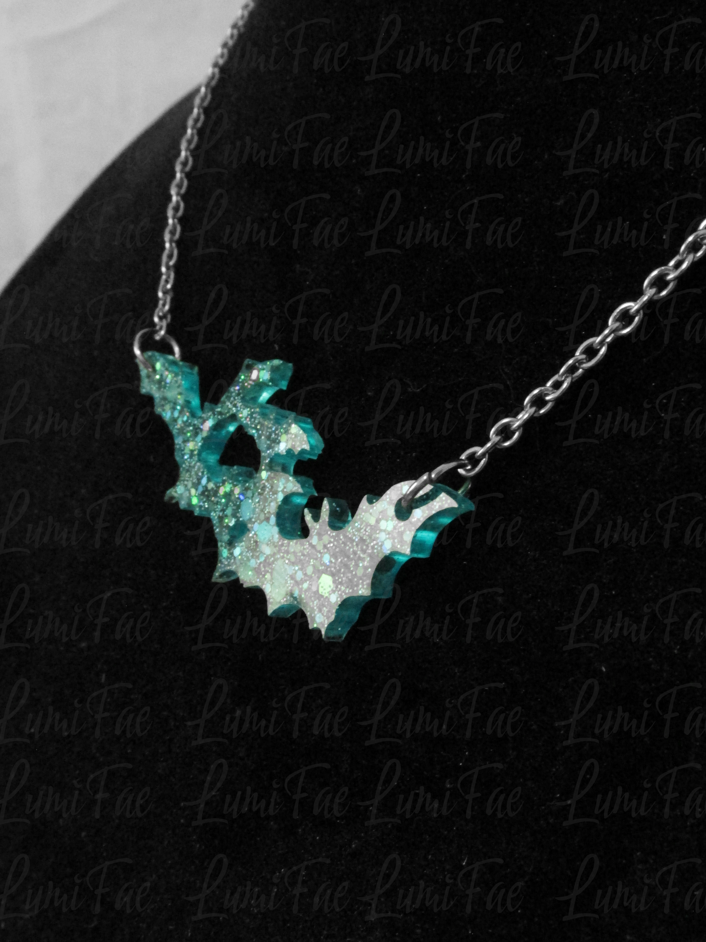Sparkly Blue Bat Swarm Necklace - Glitter Aqua Turquoise Resin Pendant, Halloween Jewelry, Handmade - LumiFae