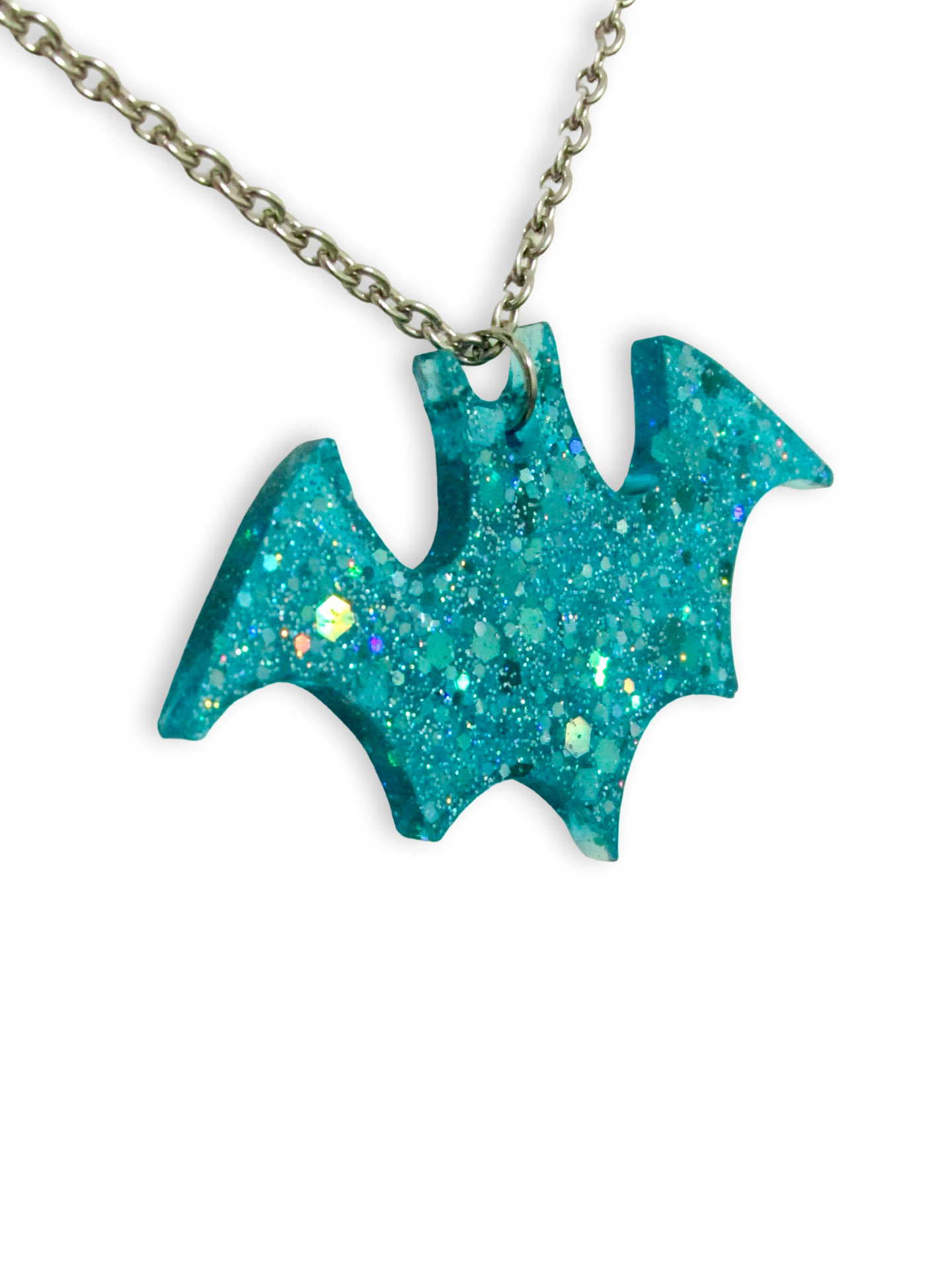 Sparkly Blue Bat Necklace - Glitter Aqua Turquoise Resin Pendant, Halloween Jewelry, Handmade - LumiFae