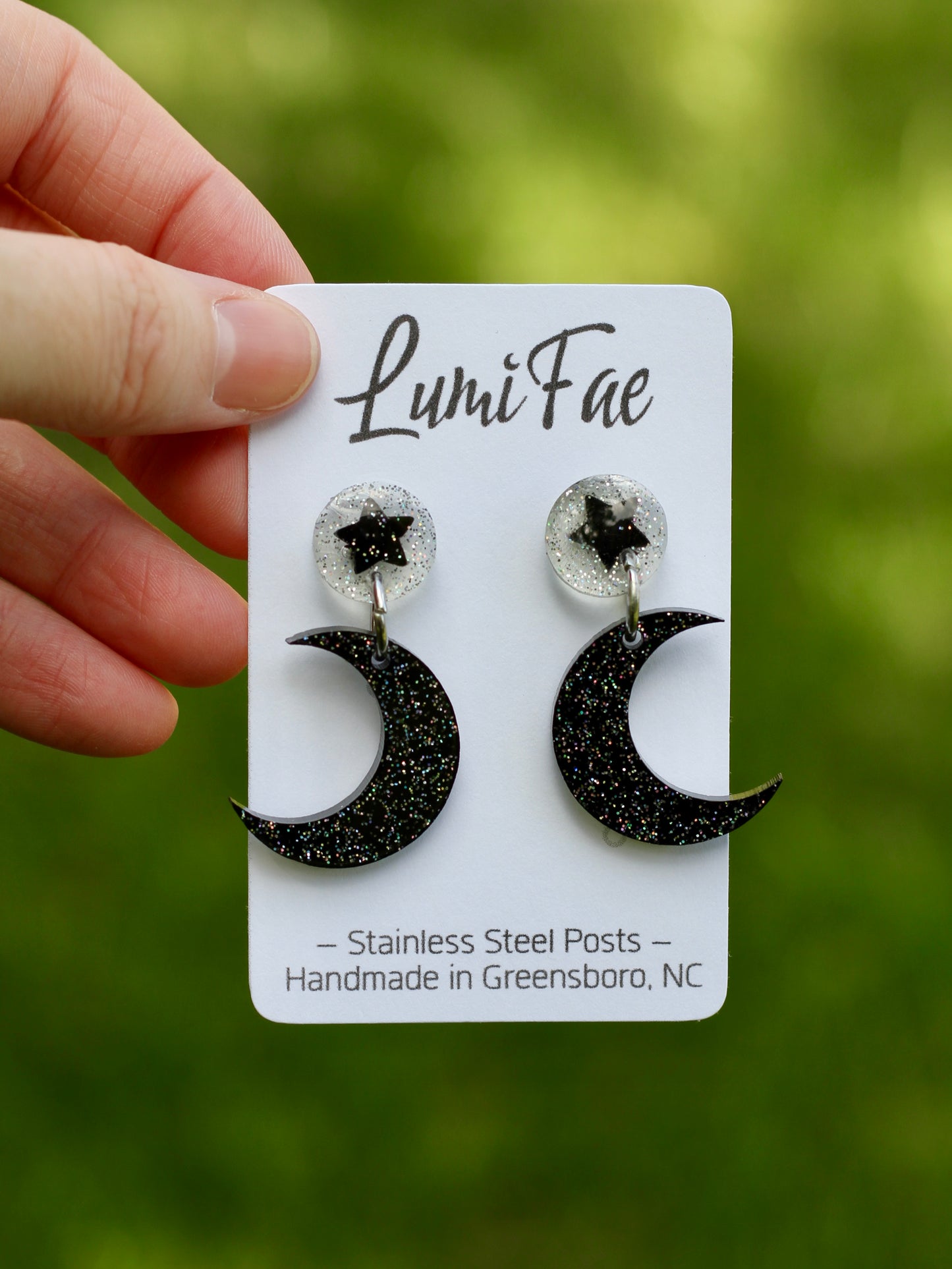 Black Moon Star Illusion Dangle Earrings on Stainless Steel Posts with Holographic Glitter, Resin, Handmade