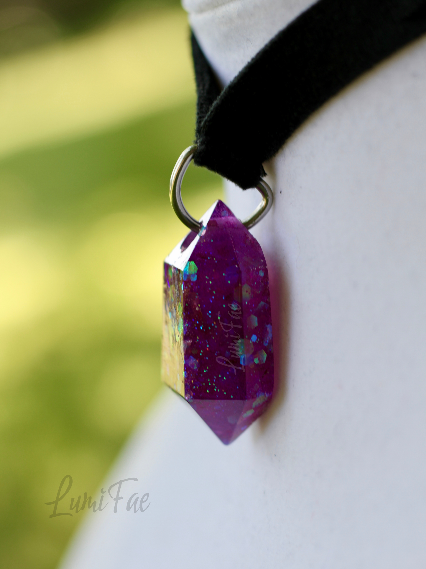 Purple Glitter Gem Choker - Black Velvet, Adjustable Necklace, Resin Pendant, Handmade- LumiFae