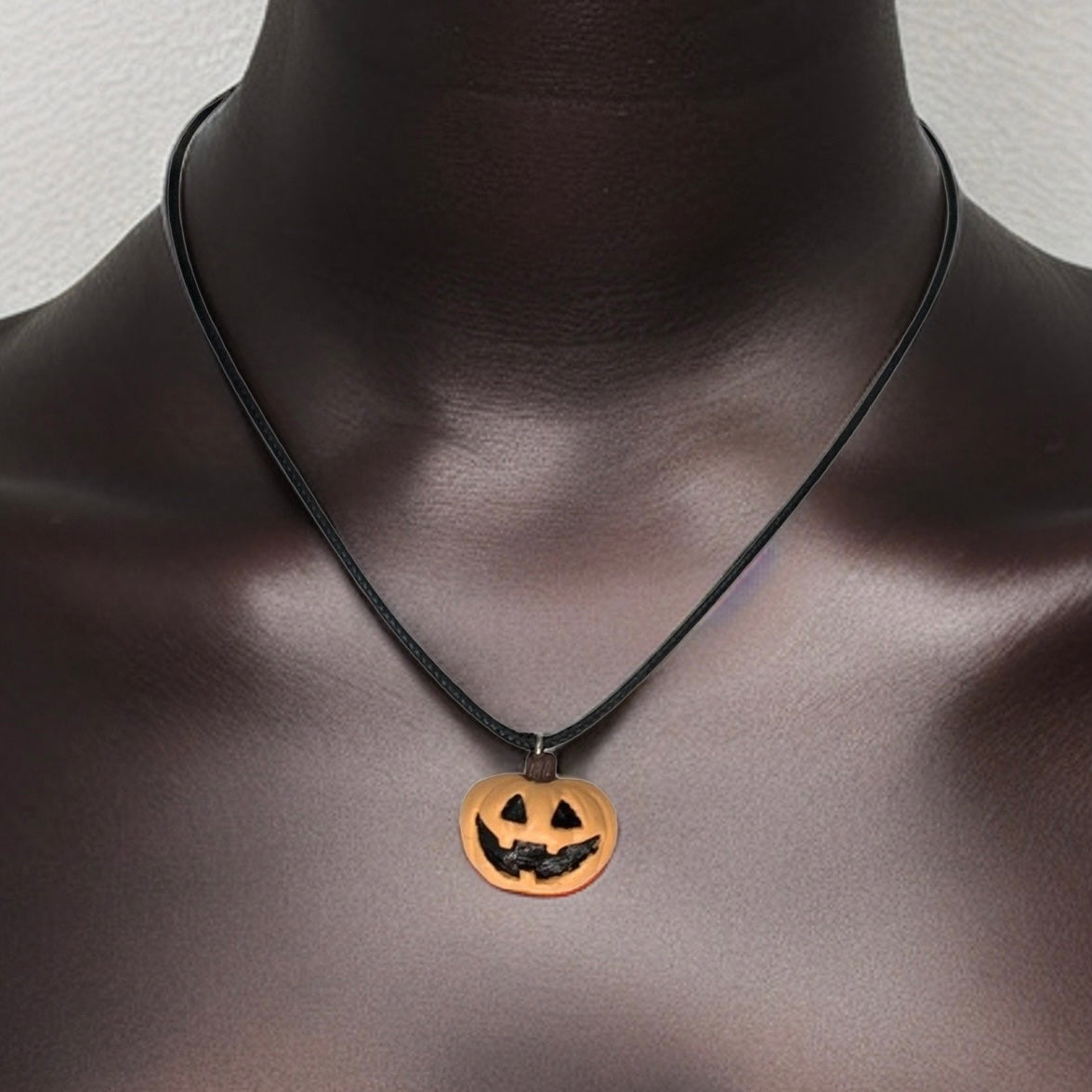 Pale Jack-O-Lantern Necklace, Light Orange Pumpkin, Black Faux Leather, Vegan