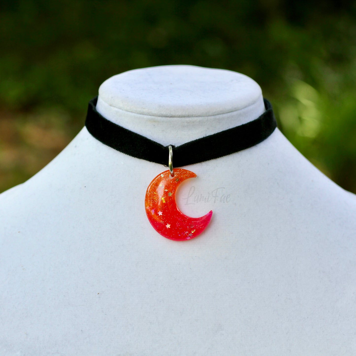 Sunset Crescent Moon Choker - Black Velvet Adjustable Necklace, Resin Pendant, Handmade - LumiFae