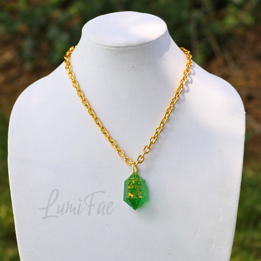 Sparkly Green Gem Necklace - Bold Statement Jewelry, Gold Aluminum Chain, Resin Pendant, Handmade - LumiFae