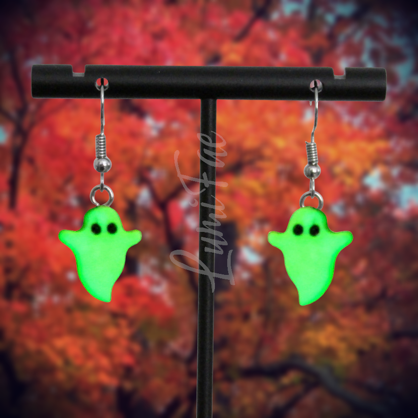 Glow-in-the-Dark Ghost Earrings - Halloween, Spooky Jewelry, UV Reactive, Hypoallergenic, Polymer Clay, Handmade - LumiFae
