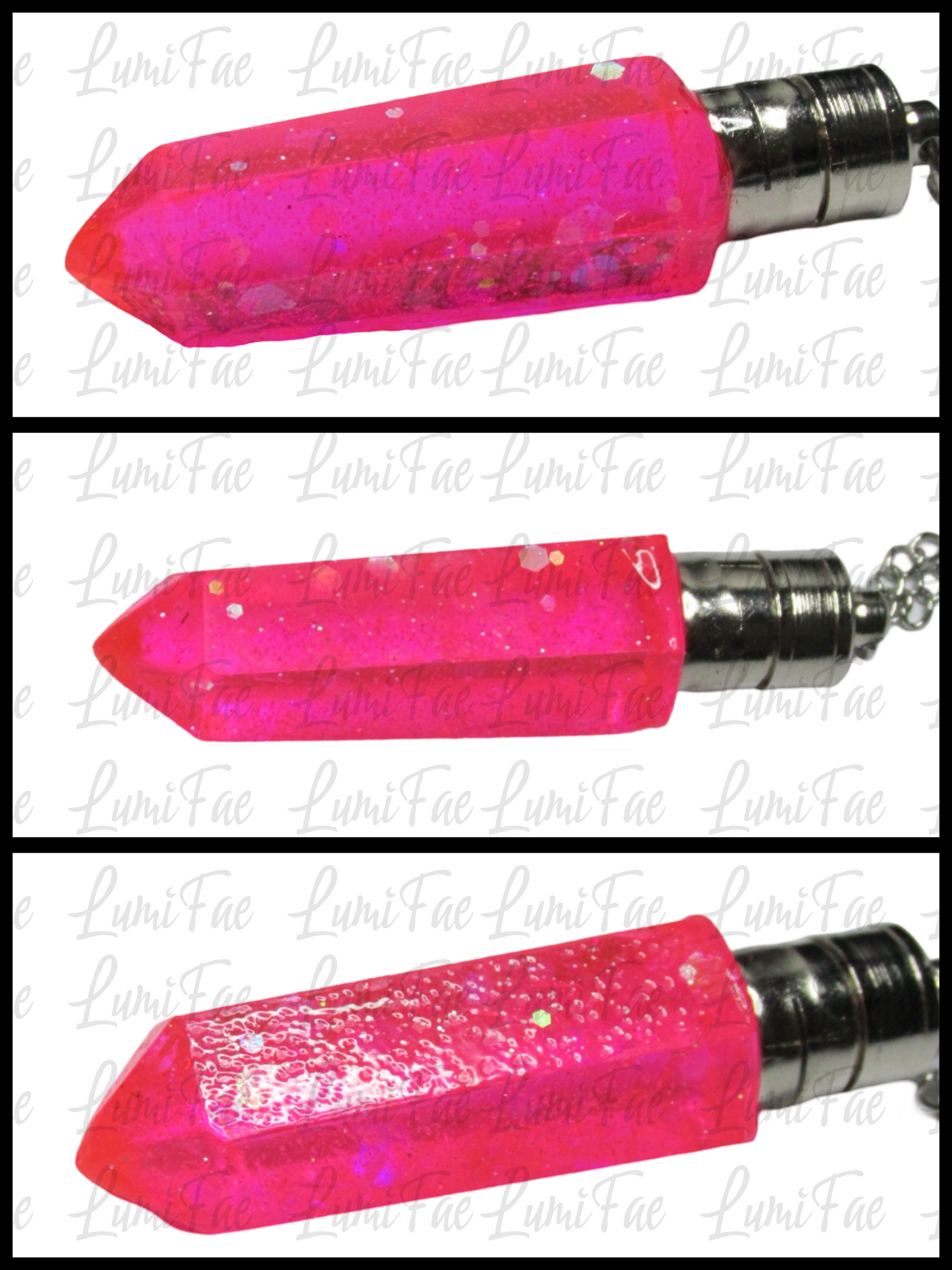LED pink Glitter Crystal Necklace - adjustable chain, stainless steel, resin pendant, Handmade - LumiFae