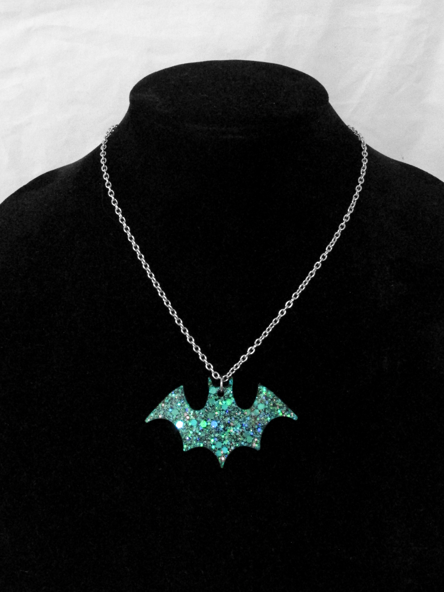 Sparkly Blue Bat Necklace - Glitter Aqua Turquoise Resin Pendant, Halloween Jewelry, Handmade - LumiFae