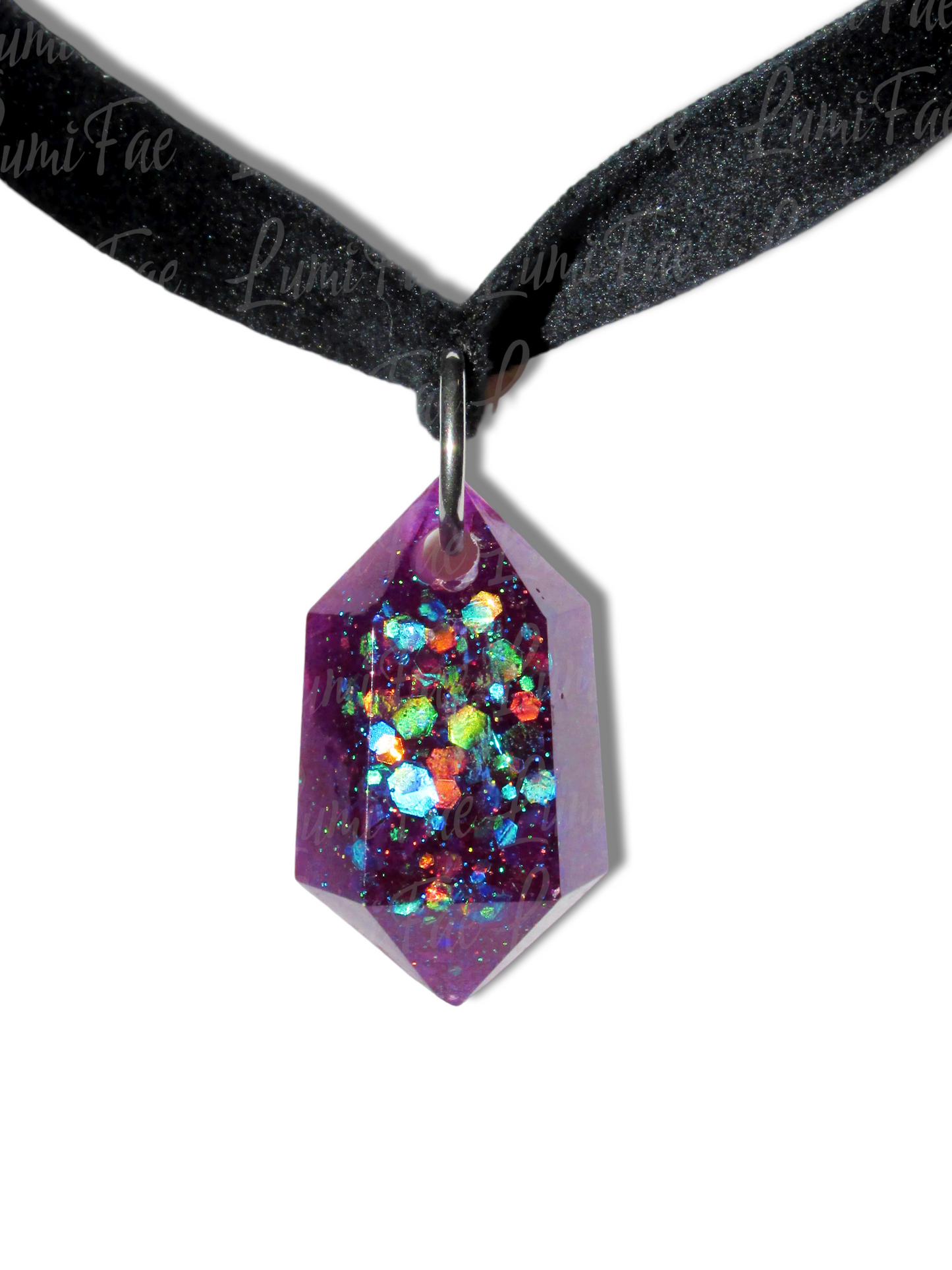 Purple Glitter Gem Choker - Black Velvet, Adjustable Necklace, Resin Pendant, Handmade- LumiFae