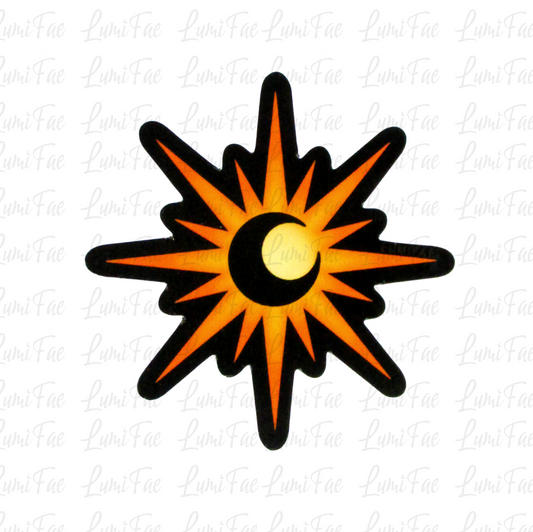 Moon in Sun Eclipse Sticker - Crescent Moon Sunburst Design, 2.5 inches, waterproof, glossy, celestial - LumiFae