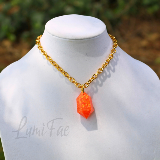 Sparkly Orange Gem Necklace - Bold Statement Jewelry, Gold Aluminum Chain, Resin Pendant, Handmade - LumiFae