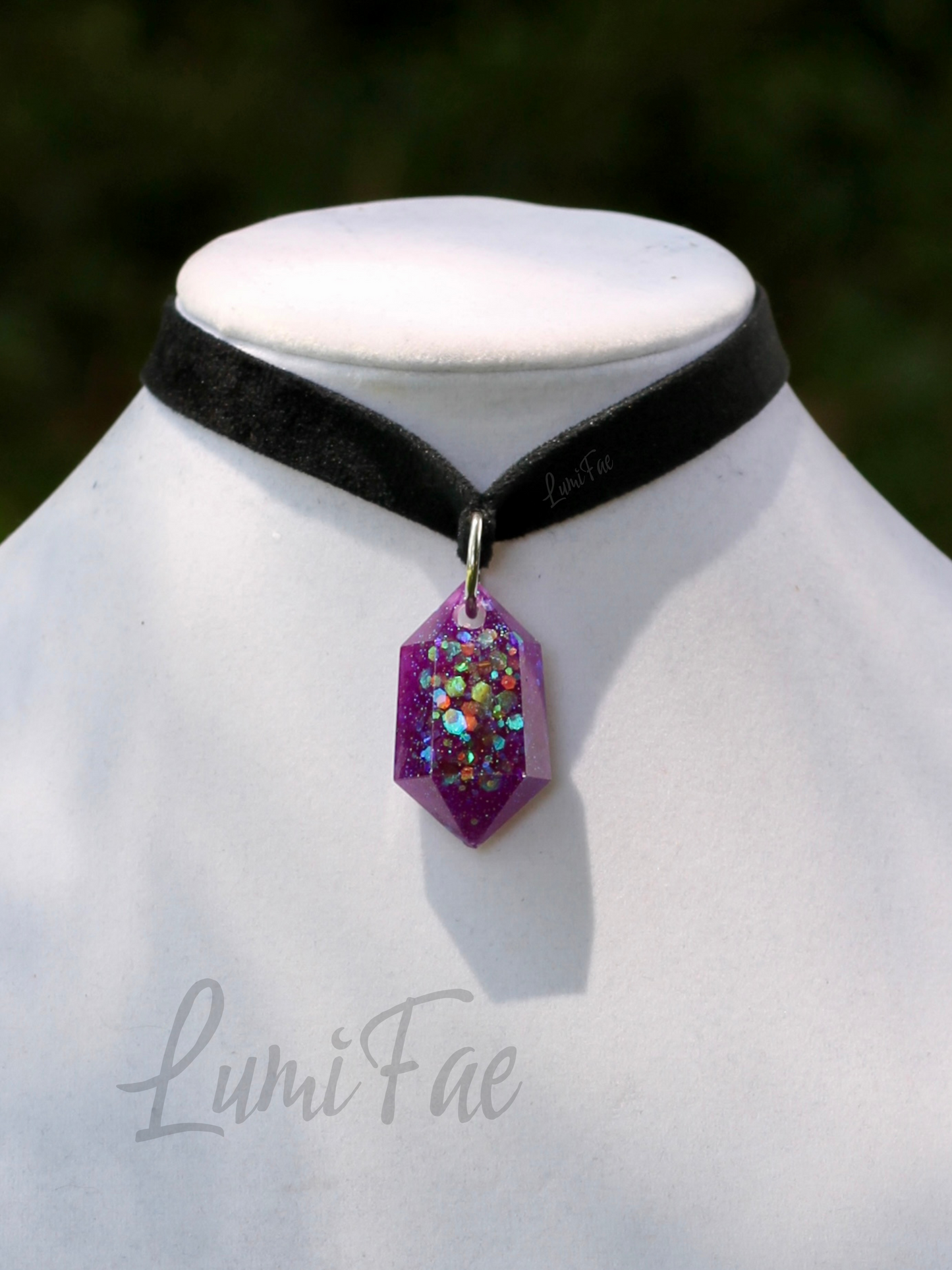 Purple Glitter Gem Choker - Black Velvet, Adjustable Necklace, Resin Pendant, Handmade- LumiFae