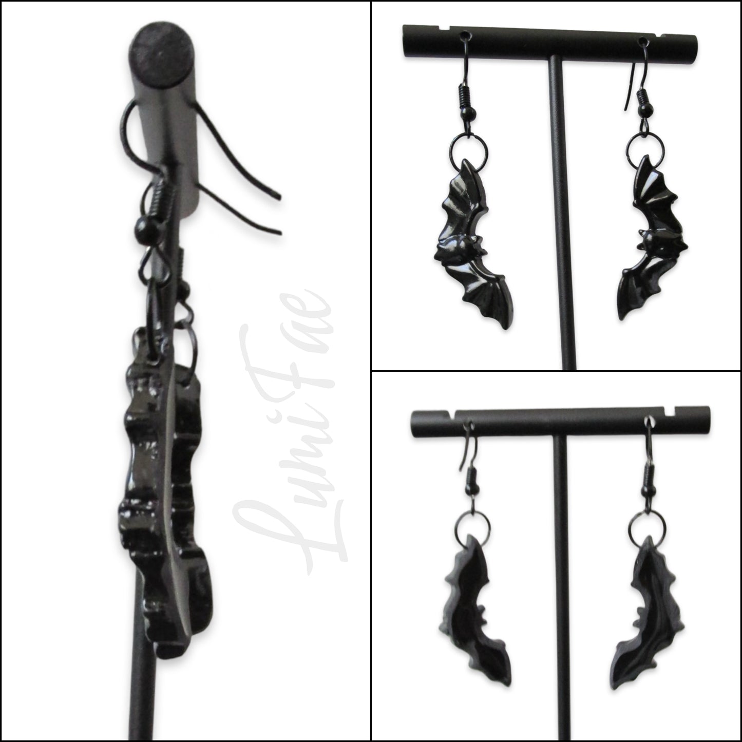 Black Bat Earrings - Spooky Halloween Gothic Resin Jewelry, Handmade - LumiFae