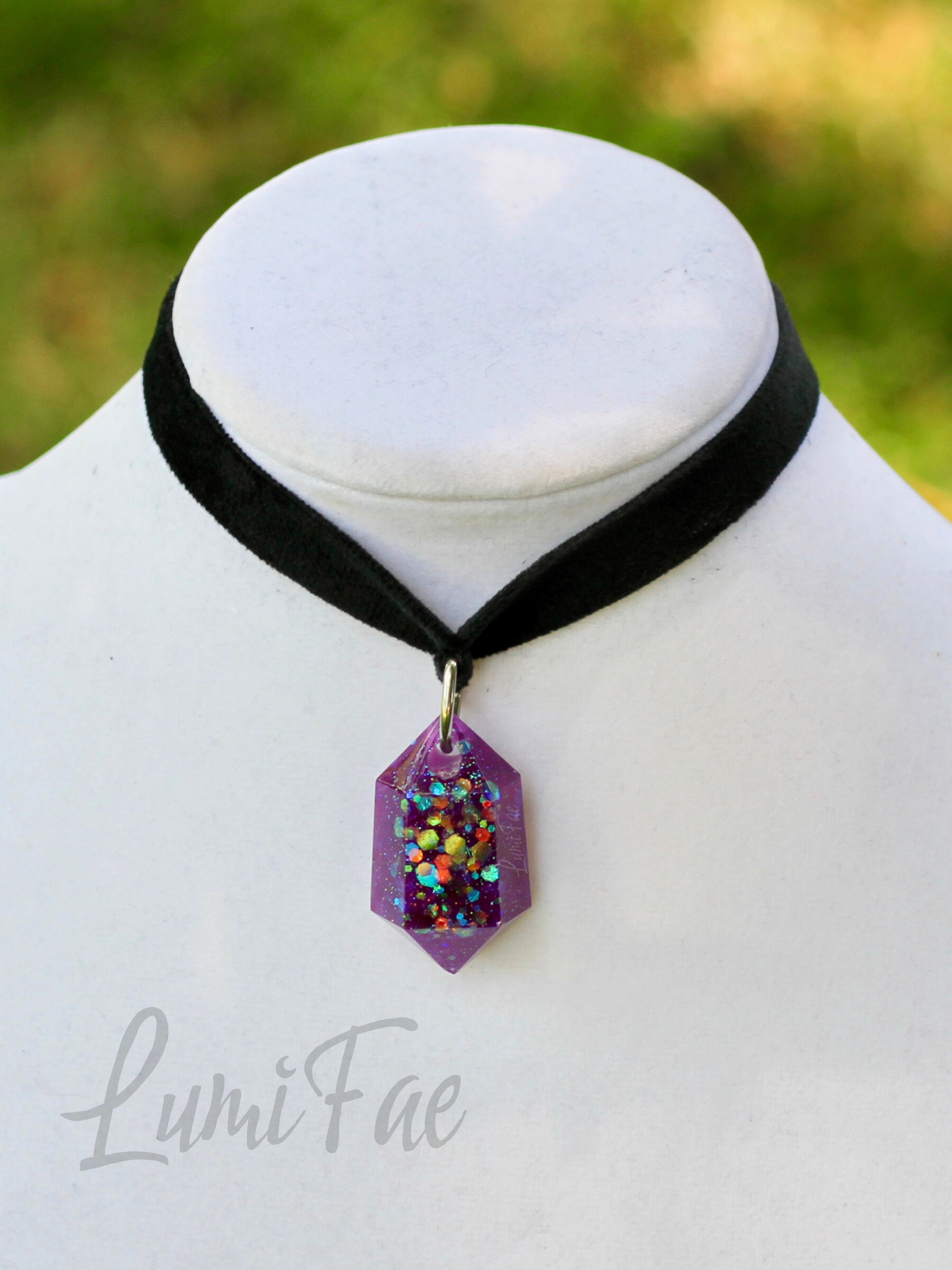 Purple Glitter Gem Choker - Black Velvet, Adjustable Necklace, Resin Pendant, Handmade- LumiFae