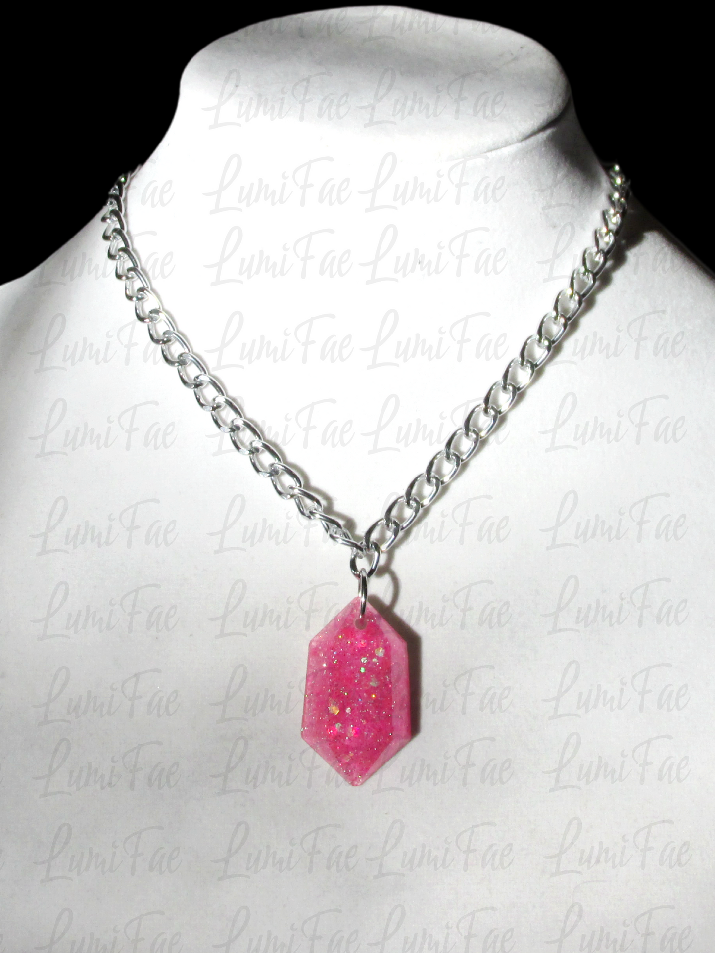 Sparkly Pink Gem Necklace - Bold Statement Jewelry, Lightweight Silver Aluminum, Resin Pendant, Handmade - LumiFae