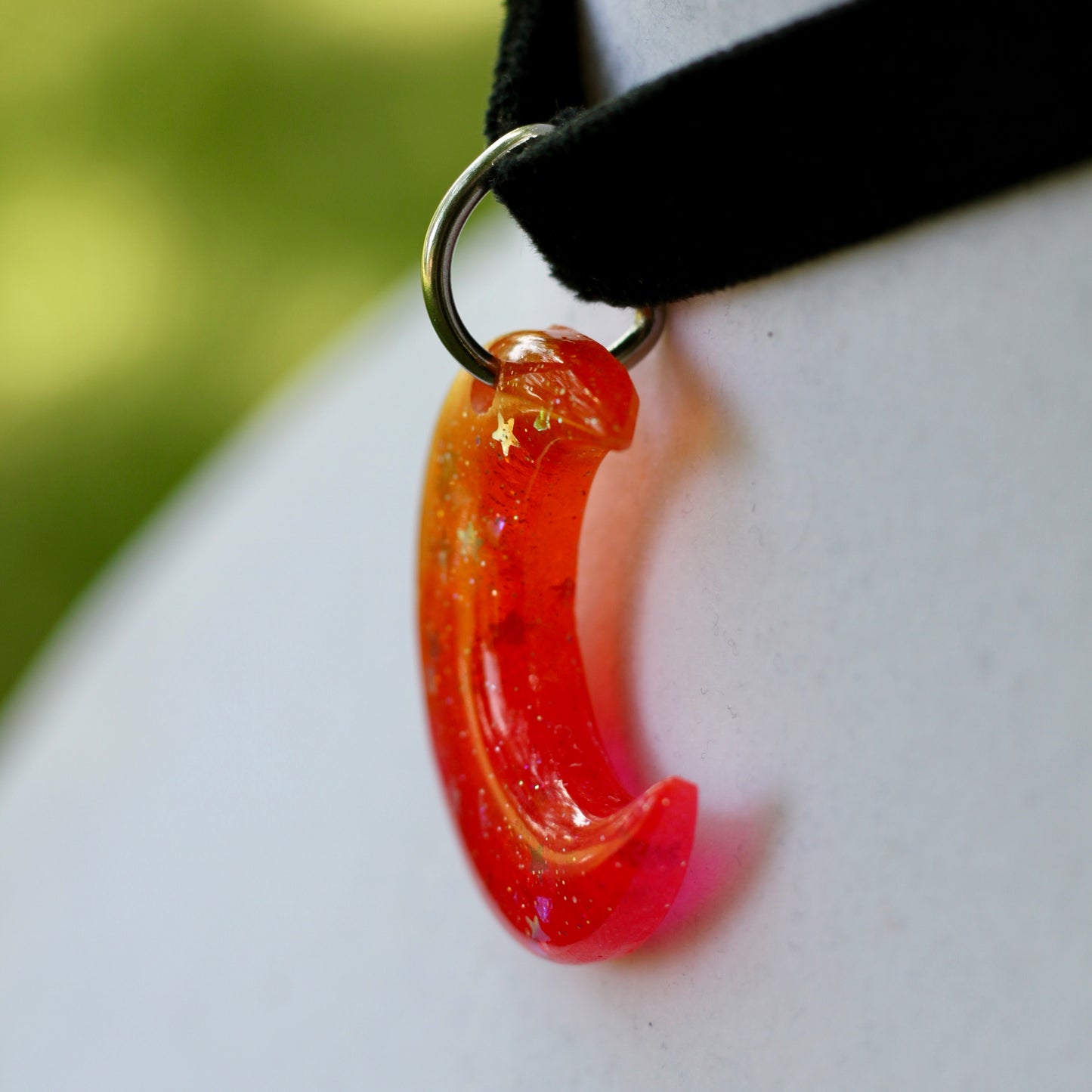 Sunset Crescent Moon Choker - Black Velvet Adjustable Necklace, Resin Pendant, Handmade - LumiFae