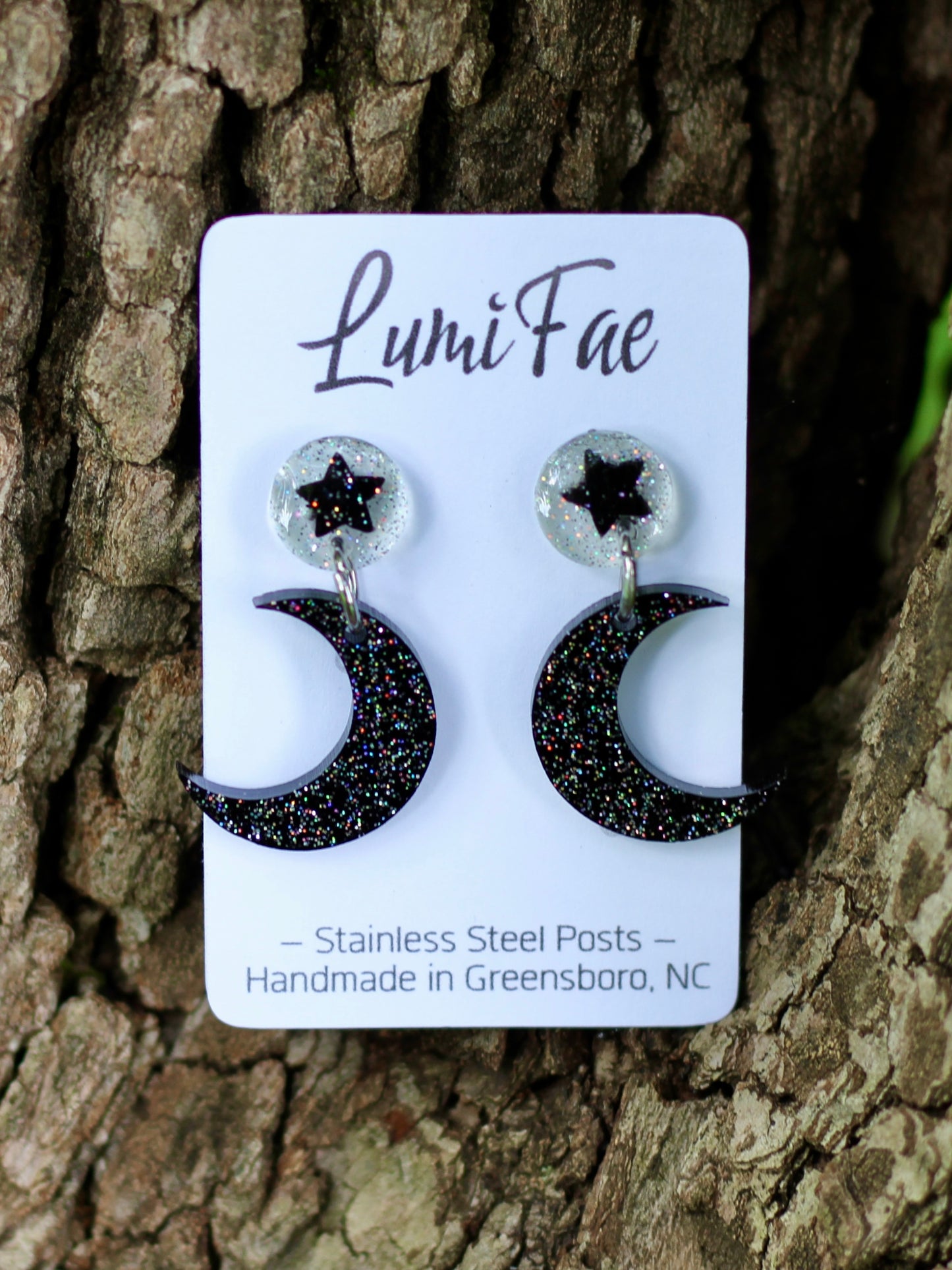 Black Moon Star Earrings - Holographic Glitter Dangle Resin, Handmade Jewelry - LumiFae