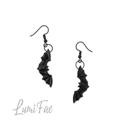Black Bat Earrings - Spooky Halloween Gothic Resin Jewelry, Handmade - LumiFae