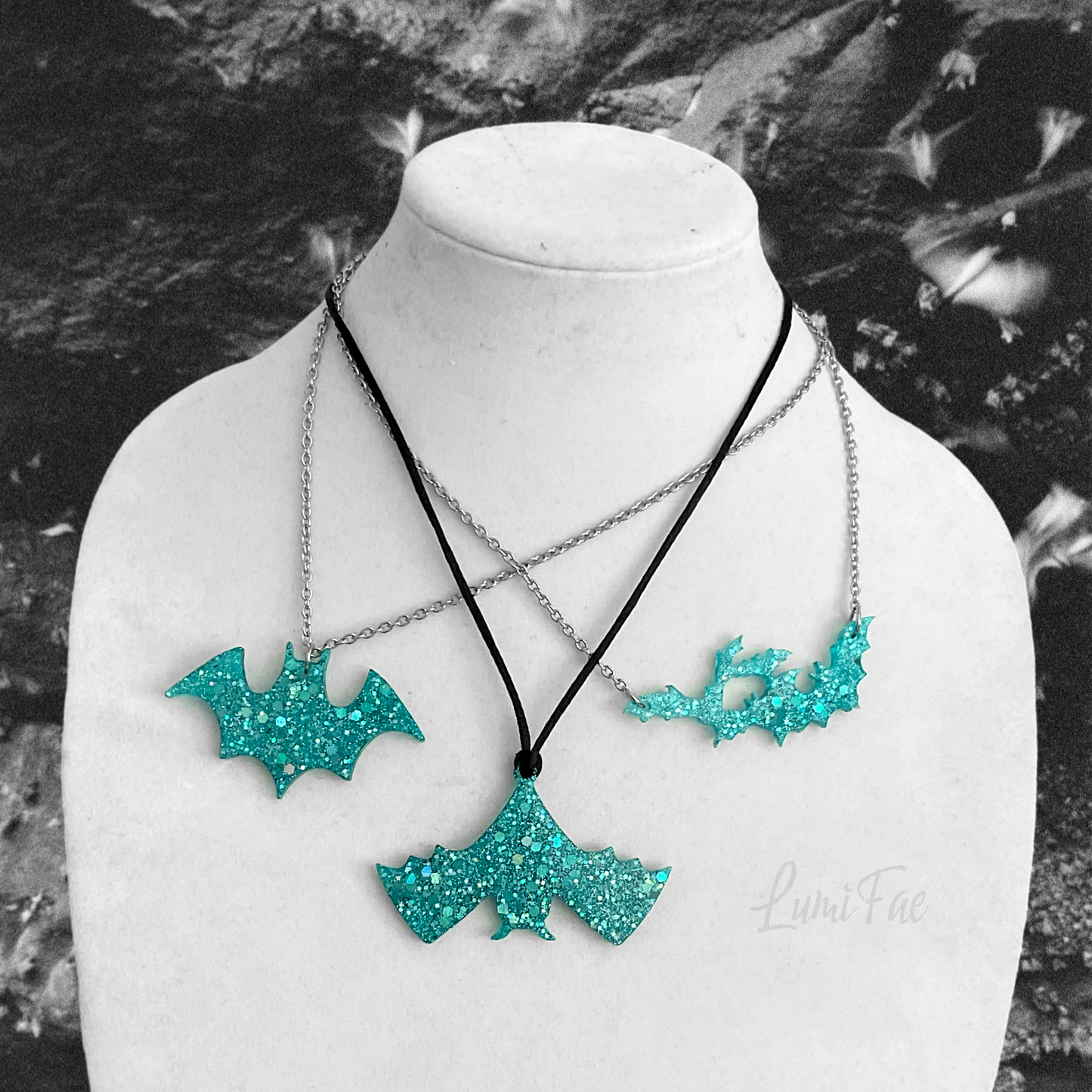 Sparkly Blue Bat Swarm Necklace - Glitter Aqua Turquoise Resin Pendant, Halloween Jewelry, Handmade - LumiFae